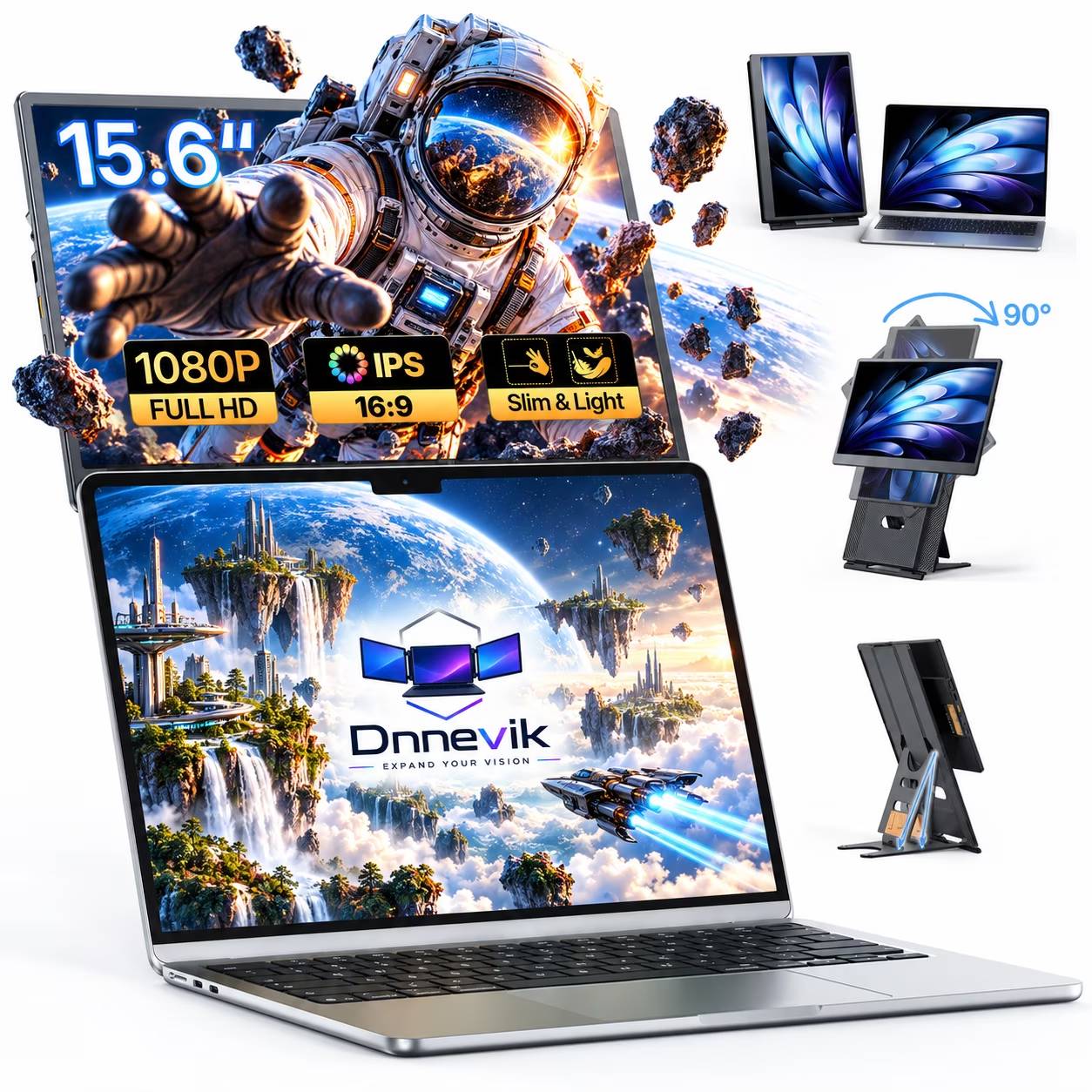 ✔15.6" FHD IPS Display: 1080P, 330 nits and 100% sRGB vivid color
✔Detachable Stand: 7.44" height adjustment and 90 degree rotation
✔Plug and Play USB-C/HDMI: DP Alt Mode or HDMI plus USB power
✔Portable Second Screen: 2.77 lb design for work, travel and study
✔VESA and Speakers: 75 x 75 mm mounting with built-in audio

💻 **Expand Your Laptop Workspace**
Turn one laptop into a more productive dual-screen workstation with the Dnnevik 15.6" laptop screen extender. This portable monitor for laptop use gives you extra screen space for spreadsheets, video meetings, coding, documents, online classes, creative work, streaming, and gaming—helping you view more and switch between windows less.

🎨 **FHD IPS Display with Vivid Color**
The 15.6" matte IPS screen features 1920 × 1080 Full HD resolution, 100% sRGB color coverage, 330 nits brightness, 1000:1 contrast ratio, 60Hz refresh rate, and built-in speakers. Crisp text, vivid colors, and wide viewing angles make this portable second monitor a practical choice for both productivity and entertainment.

🔄 **Detachable, Adjustable & Flexible**
The detachable stand offers up to 7.44" of adjustment travel and supports 90° rotation, letting you quickly switch between landscape and portrait viewing. Use it above your laptop for a vertical stacked workstation, rotate it for coding and reading, or detach the screen for a flexible standalone portable monitor setup. VESA 75 × 75 mm mounting support gives you even more ways to build your workspace.

🔌 **Plug & Play USB-C / HDMI Connection**
Connect compatible laptops through a full-function USB-C port using one USB-C to USB-C cable for video and power. Devices with HDMI output can connect through HDMI to Mini HDMI plus USB-A or USB-C power. If the signal is unstable or additional power is needed, connect an external 5V/2A power source. Power adapter is not included.

✈️ **Ultra-Thin & Travel Ready**
At only 0.52" thin and approximately 2.77 lb, the portable laptop monitor is easy to carry between home, office, school, coffee shops, and business trips. It works with compatible Windows laptops and PCs, Mac laptops, Chromebooks, supported Android USB-C devices, Nintendo Switch, PS5, Xbox, and other devices with supported video output.