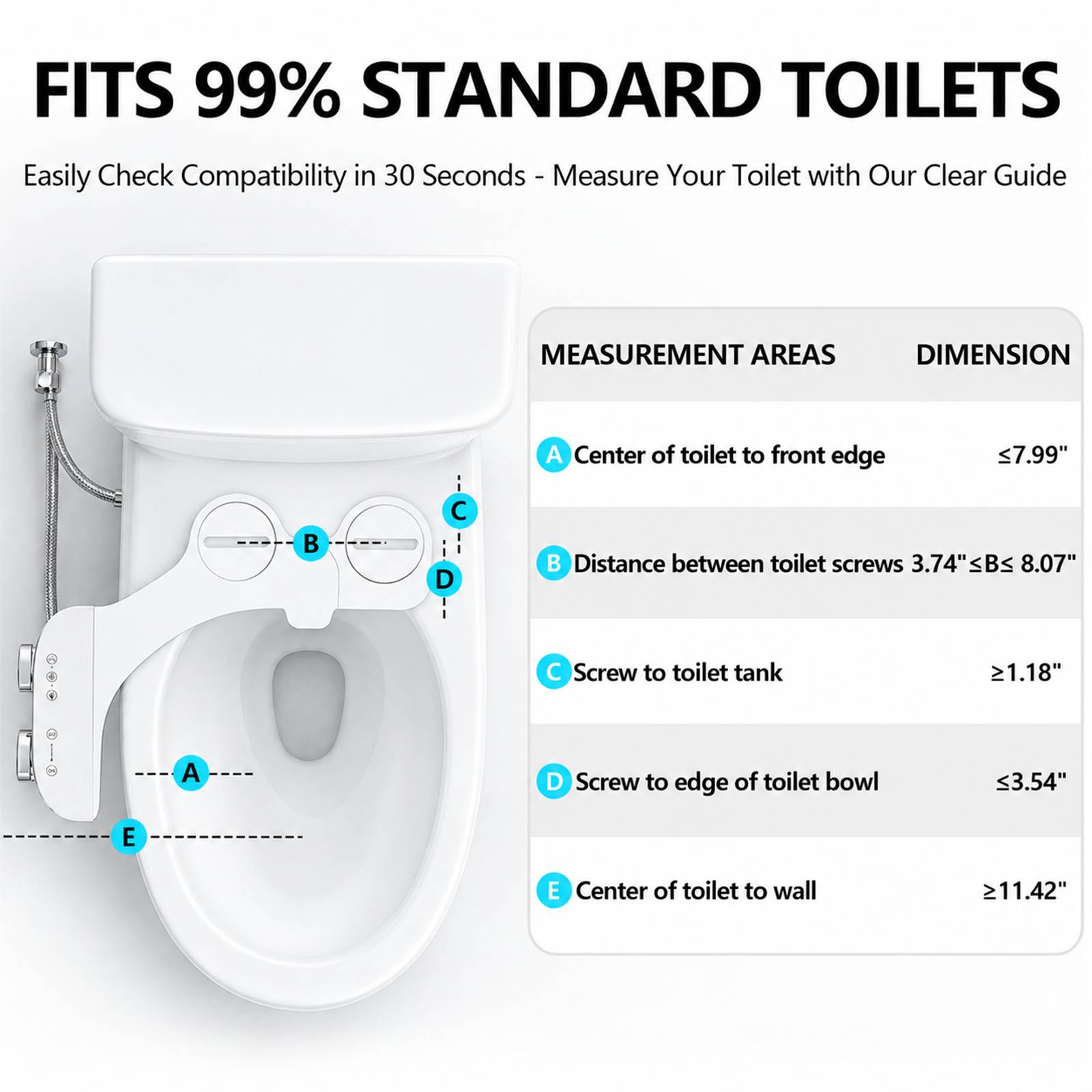 Experience Superior Hygiene with GOLDLEMON Bidet Attachment Say goodbye to the limitations of toilet paper and enjoy a refreshing, spa-like clean. Our bidet toilet seat attachment is designed for those who value health, durability, and ease of use. Why Choose Our Dual-Knob Bidet? While competitors use simple buttons, our dual-knob system provides granular control over your experience. The first knob manages water pressure precisely, while the second switches between the front, rear, and self-cleaning modes. The retractable nozzle remains hidden behind a guard gate when not in use, ensuring maximum sanitary protection. Durability Meets Design: Constructed with high-grade ABS and metal-ceramic cores, this bidet sprayer is built to last. The ultra-slim profile ensures it blends seamlessly with your bathroom decor while providing a stable, secure fit. Package Contents: 1Bidet Attachment, 1Braided Steel Hose, 1Brass T-adapter, 2Fixing Plates, 1*User Manual.

