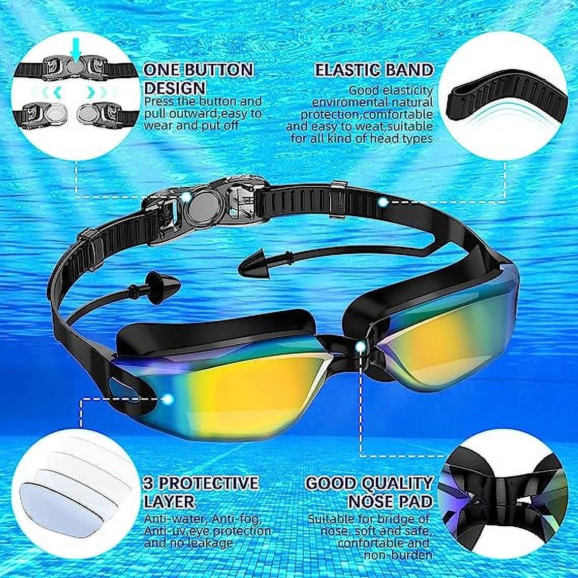  swim goggles for kids, swim goggles youth, adult, Comfortable Daily Swim Glasses with Mirrored Anti-Fog lens and UV Protection No Leak Water.
Key Features:
. Swim goggles adult provides a sleek, snug, low profile inner eye fit.
. Anti-Fog coating helps prevents the condensation of water.
. Flexible silicone frame and gasket can ensure no leak water.
. UV protected lenses block the sun's harmful UVA and UVB rays.
. Mirrored lens helps reduce glare.
. Updated styling with ultra low profile design and 25% more peripheral vision.

Specifications:
Color: Yellow Blue
Frame Material: Silicone+ABS
Lens Material: PC
Size: Large
Weight: 7.05 Ounces/0.45 lb

Packing list:
1x Swim goggles
1x Nose Clips
1x Portable case
1x Elastic Swimming Caps

Notes:
. This goggles can not be used by people who have over 100 degrees myopia eyes.
. Please take off the protective film on the surface of the goggles before use.