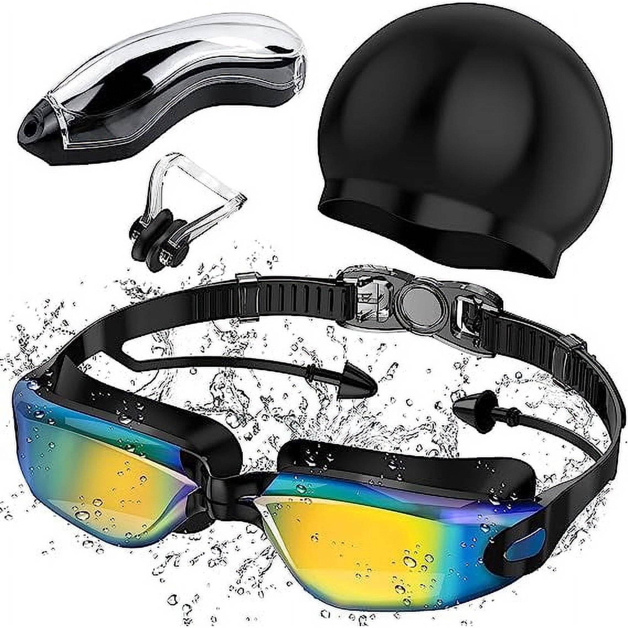  swim goggles for kids, swim goggles youth, adult, Comfortable Daily Swim Glasses with Mirrored Anti-Fog lens and UV Protection No Leak Water.
Key Features:
. Swim goggles adult provides a sleek, snug, low profile inner eye fit.
. Anti-Fog coating helps prevents the condensation of water.
. Flexible silicone frame and gasket can ensure no leak water.
. UV protected lenses block the sun's harmful UVA and UVB rays.
. Mirrored lens helps reduce glare.
. Updated styling with ultra low profile design and 25% more peripheral vision.

Specifications:
Color: Yellow Blue
Frame Material: Silicone+ABS
Lens Material: PC
Size: Large
Weight: 7.05 Ounces/0.45 lb

Packing list:
1x Swim goggles
1x Nose Clips
1x Portable case
1x Elastic Swimming Caps

Notes:
. This goggles can not be used by people who have over 100 degrees myopia eyes.
. Please take off the protective film on the surface of the goggles before use.