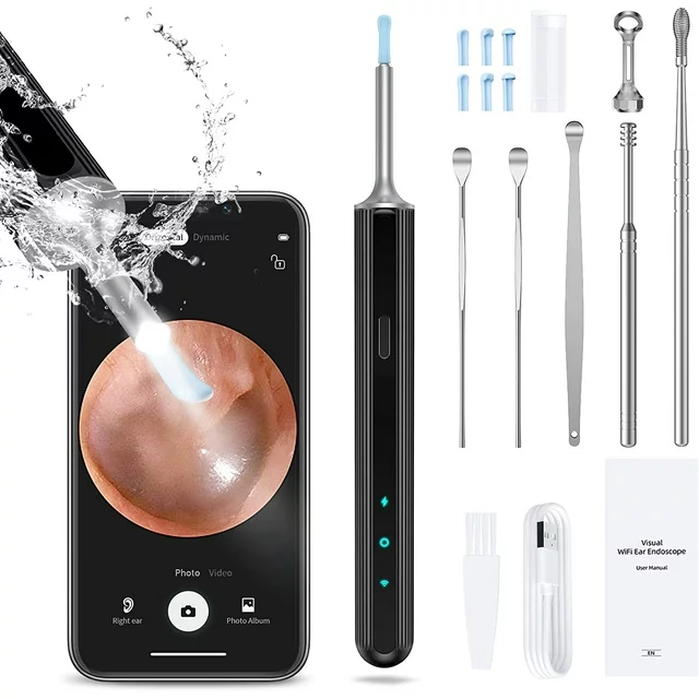 Features:
✅ 1080P HD Camera & 360° Wide Angle: This wireless ear camera has 360° wide-angle professional grade lens,creates a large coverage view to help you remove the earwax much easier. The ear endoscope has anti-Fog & anti-dust technology can provide superior clear image with 1080P full HD.
✅ IP67 Level Waterproof & USB Rechargeable Design: Our Juyafio ear wax removal camera comes with built-in 350mAH rechargeable battery, which can last for 90mins continuous working time or 60-day standby time.IP67 waterproof otoscope, ear spoon, and lens can be washed with water or wiped with alcohol cotton after use, please do not put the whole otoscope in water.
✅ 3.5mm len & 6 LED lights & 6-axis gyro technology: This len of this ear cleaner otoscope with light is 3.5mm, and 6 LED lights can help you light up the canal and see the dark place clearly. The convenient for daily inspection of ear, nose, mouth, throat and other health conditions. You can take care of your family's or friend's health, even your pets.
✅ Wide Compatiblity & Easy to Use: This ear cleaning kit with camera can work well with all of android and ios devices. And also, you can use it in your tablet. Scan the QR Code to download the App and connect the wifi of the ear scope, one button to start use.

✅ Specifications:
Color: Black
Lens Diameter: 3.5mm
Battery: 350mAh
Working Time: About 90 minutes
Standby Time: About 60 days
Waterproof Level: IP67(Only the lens!)
Compatible with Android & iOS & tablet devices.

✅ Package Included:
1*Ear scoop storage box
1*ear wax removal tool
5* Traditional ear scoop
5 *Silicone earplug cover
1 *charging cable
1 *cleaning brush
1*Detachable ear spoon
1*Instruction Manual.

✅ Using Tips:
1. Scan the QR code to download the app.
2. Long press the power key to open the device.
3. Open the "Suear" app, find "Suear-xxxx", connect and start to use.
4. Return to the app again and check the house icon toenter the device, and you can see the shot screen.