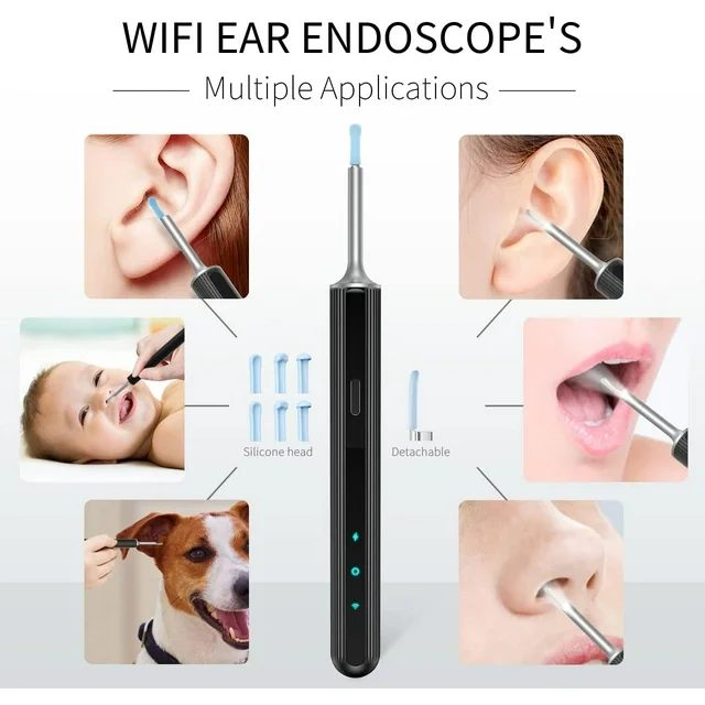 Features:
✅ 1080P HD Camera & 360° Wide Angle: This wireless ear camera has 360° wide-angle professional grade lens,creates a large coverage view to help you remove the earwax much easier. The ear endoscope has anti-Fog & anti-dust technology can provide superior clear image with 1080P full HD.
✅ IP67 Level Waterproof & USB Rechargeable Design: Our Juyafio ear wax removal camera comes with built-in 350mAH rechargeable battery, which can last for 90mins continuous working time or 60-day standby time.IP67 waterproof otoscope, ear spoon, and lens can be washed with water or wiped with alcohol cotton after use, please do not put the whole otoscope in water.
✅ 3.5mm len & 6 LED lights & 6-axis gyro technology: This len of this ear cleaner otoscope with light is 3.5mm, and 6 LED lights can help you light up the canal and see the dark place clearly. The convenient for daily inspection of ear, nose, mouth, throat and other health conditions. You can take care of your family's or friend's health, even your pets.
✅ Wide Compatiblity & Easy to Use: This ear cleaning kit with camera can work well with all of android and ios devices. And also, you can use it in your tablet. Scan the QR Code to download the App and connect the wifi of the ear scope, one button to start use.

✅ Specifications:
Color: Black
Lens Diameter: 3.5mm
Battery: 350mAh
Working Time: About 90 minutes
Standby Time: About 60 days
Waterproof Level: IP67(Only the lens!)
Compatible with Android & iOS & tablet devices.

✅ Package Included:
1*Ear scoop storage box
1*ear wax removal tool
5* Traditional ear scoop
5 *Silicone earplug cover
1 *charging cable
1 *cleaning brush
1*Detachable ear spoon
1*Instruction Manual.

✅ Using Tips:
1. Scan the QR code to download the app.
2. Long press the power key to open the device.
3. Open the "Suear" app, find "Suear-xxxx", connect and start to use.
4. Return to the app again and check the house icon toenter the device, and you can see the shot screen.