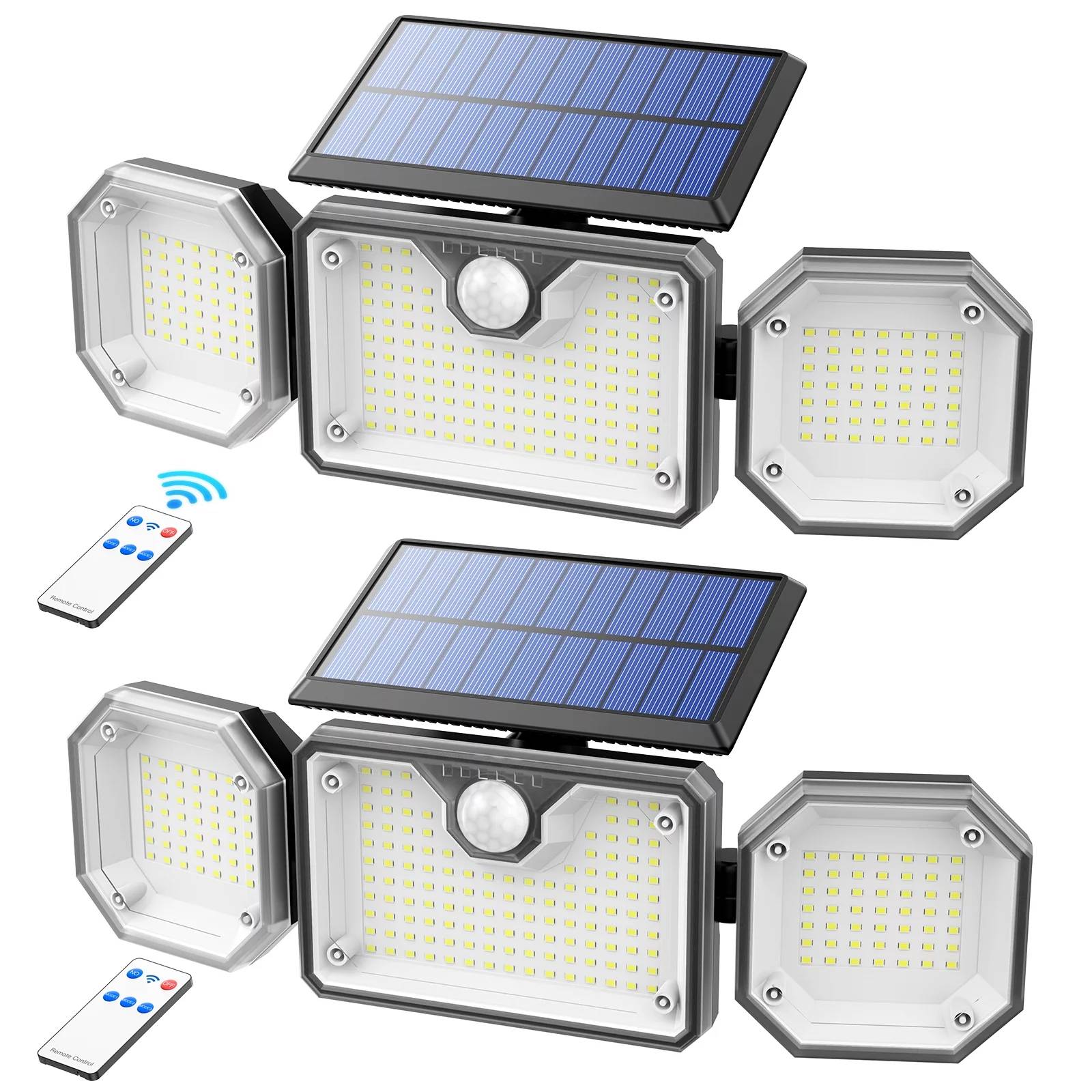 ✅ Solar lights outdoor lights, IP65 waterproof solar powered outdoor lights with wireless remote control, 2500LM 3Heads 230LED motion sensor outdoor light for patio garage yard entryways. Solar floodlight with 3 lighting modes.
1.【BRIGHT SOLAR POWERED OUTDOOR LIGHTS】
2.【LONG WORKING TIME】
3.【EASY TO INSTALL】
4.【IP65 WATERPROOF】

✅ Lighting Modes: (Do not light in daytime)
* Mode 1: Strong Light Sensor Mode
Turn on strong when motion is detected. Turn off after people leave.
* Mode 2: Dim Light Sensor Mode
Turn on strong when motion is detected. Turn to Dim after people leave, Turn off after 20S.
* Mode 3:Strong Long Light Mode
Turn on Lasting 5-8 Hours in Darkness or Night, Turn off after 5-8 Hours.