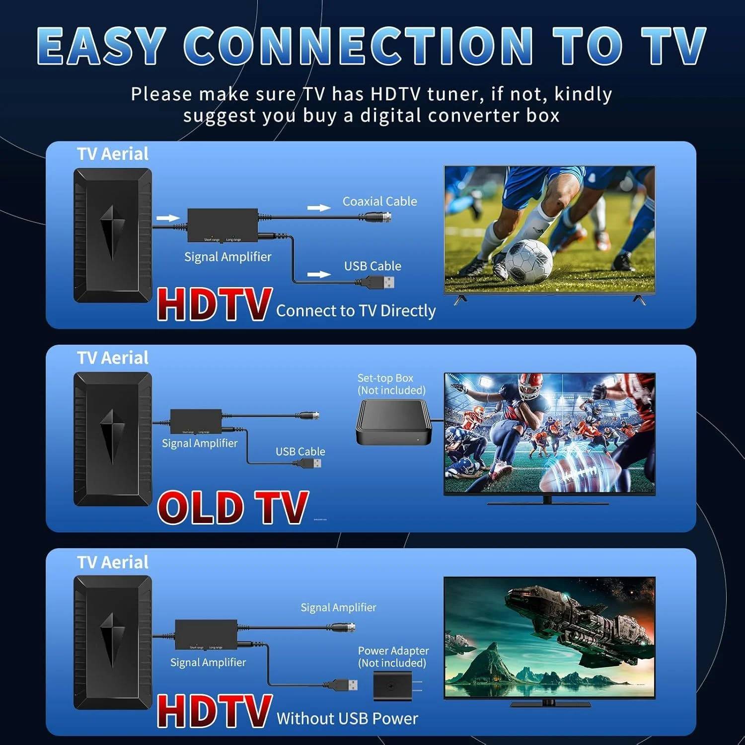 ‌‌[Full HD Channels]: With our upgraded TV antenna, you need to pay a HUGE bill on TV no more! As an advanced tool for life, it allows you to receive channels without paying monthly bill! It can receive full HD Channels like ABC, CBS, NBC, PBC, FOX and so much more. It also supports 4K 1080p, and other digital formats. (The channels you will receive is subject to the signal coverage in your area.)
[Magnetic Base for Indoor/Outdoor Support]: The digital antenna not only supports indoor use, but also can be used in bad weather unaffected by thunderstorms. It also comes with a magnetic base, so you can put it on your car or other iron frame outdoors to keep it stable.
[18FT Reinforced & Thick Coaxial Cable]: It uses thick coaxial cable to make the transmission of 4K signal more stable. It's more solid and more suitable for outdoor use compared to other cables on the market, with stronger and more stable signal transmission.
[320 Miles Signal Reception with Signal Booster]: The HDTV antenna can reach 180 miles and can be placed anywhere in your home, including on the roof. It also comes with a signal booster that can be turned on (yellow light on) when the distance exceeds 35 miles.
[Note]: Before you buy, please find out what channels are available in your area. Always rescan channels after moving the HDTV antenna or changing the range button may be better.