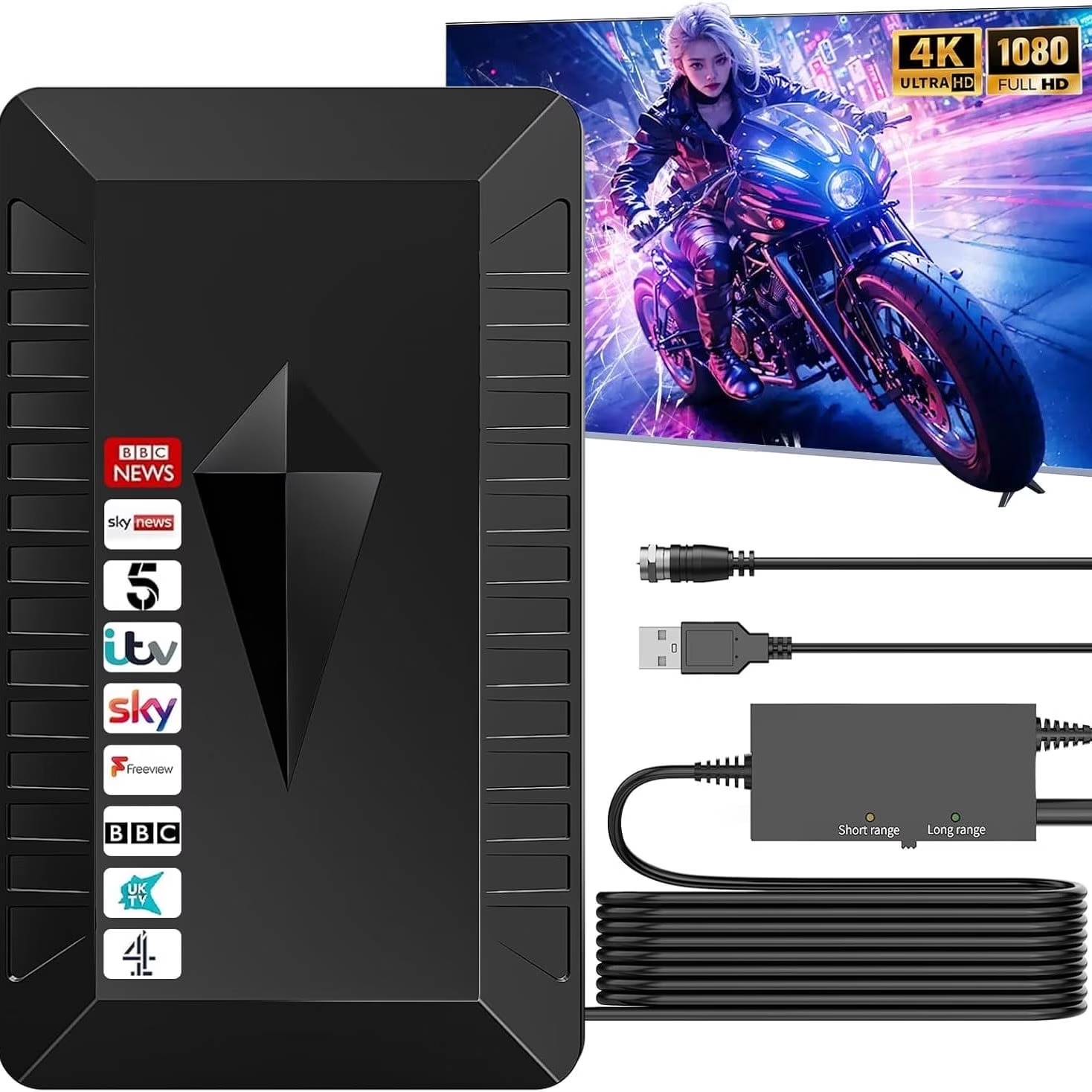 ‌‌[Full HD Channels]: With our upgraded TV antenna, you need to pay a HUGE bill on TV no more! As an advanced tool for life, it allows you to receive channels without paying monthly bill! It can receive full HD Channels like ABC, CBS, NBC, PBC, FOX and so much more. It also supports 4K 1080p, and other digital formats. (The channels you will receive is subject to the signal coverage in your area.)
[Magnetic Base for Indoor/Outdoor Support]: The digital antenna not only supports indoor use, but also can be used in bad weather unaffected by thunderstorms. It also comes with a magnetic base, so you can put it on your car or other iron frame outdoors to keep it stable.
[18FT Reinforced & Thick Coaxial Cable]: It uses thick coaxial cable to make the transmission of 4K signal more stable. It's more solid and more suitable for outdoor use compared to other cables on the market, with stronger and more stable signal transmission.
[320 Miles Signal Reception with Signal Booster]: The HDTV antenna can reach 180 miles and can be placed anywhere in your home, including on the roof. It also comes with a signal booster that can be turned on (yellow light on) when the distance exceeds 35 miles.
[Note]: Before you buy, please find out what channels are available in your area. Always rescan channels after moving the HDTV antenna or changing the range button may be better.