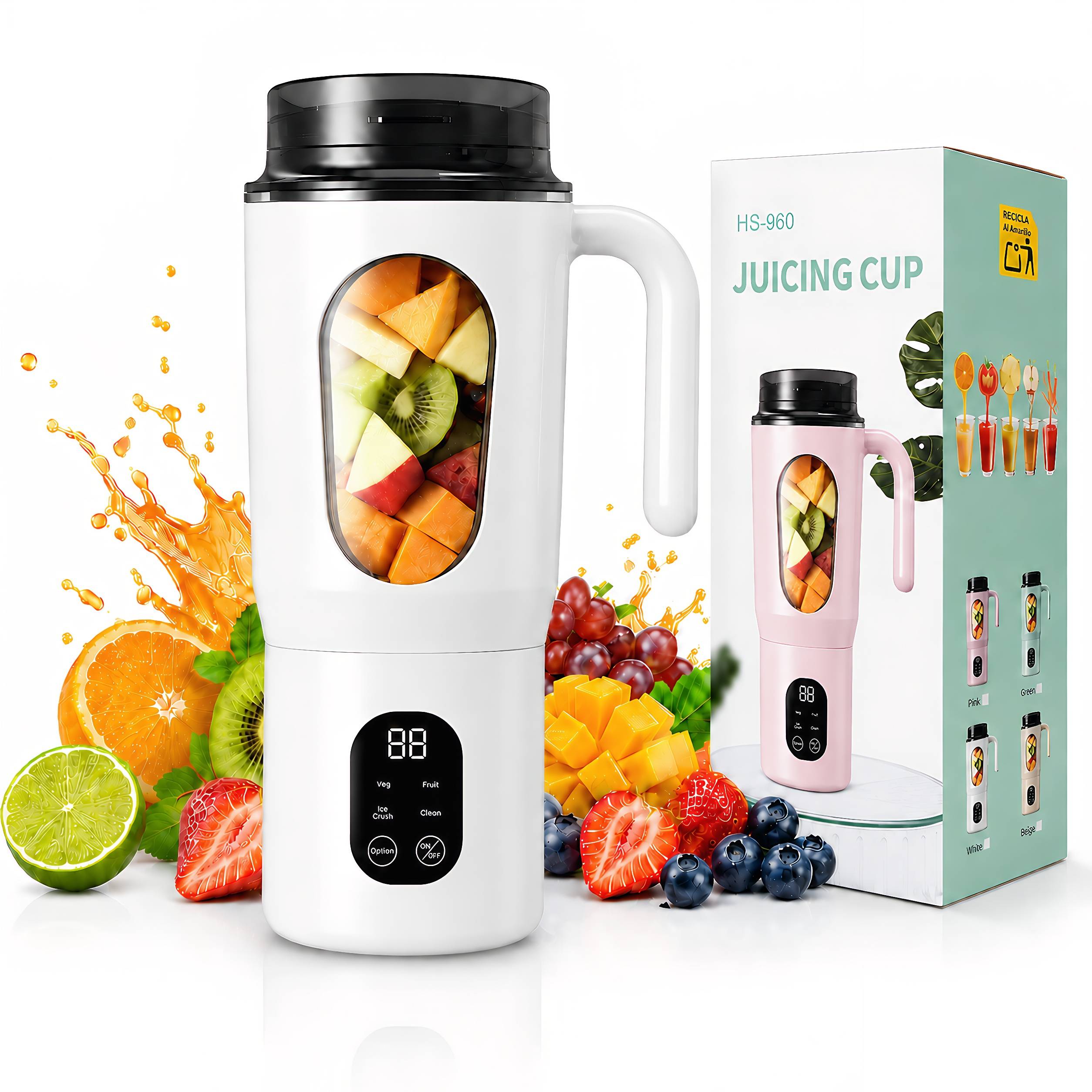 Make fresh drinks easier with the STARBIAO 19.6 oz Portable Blender. Designed for smoothies, shakes, fruit juice, and protein drinks, this personal juicer cup combines blending and drinking in one convenient design. The 12-blade 304 stainless steel system helps blend small fruit pieces, soft ingredients, and small ice cubes more evenly when used with water, milk, juice, or other liquid. Four modes let you choose from fruit, complementary food, ice crush, and cleaning, while the digital display shows battery and working status at a glance. With a hidden bottom Type-C charging port, rechargeable 1300mAh battery, wide handle, drink-through lid, anti-slip bottom pads, and easy-rinse cleaning mode, this portable blender is made for home, office, gym, travel, camping, and everyday fresh drinks on the go.