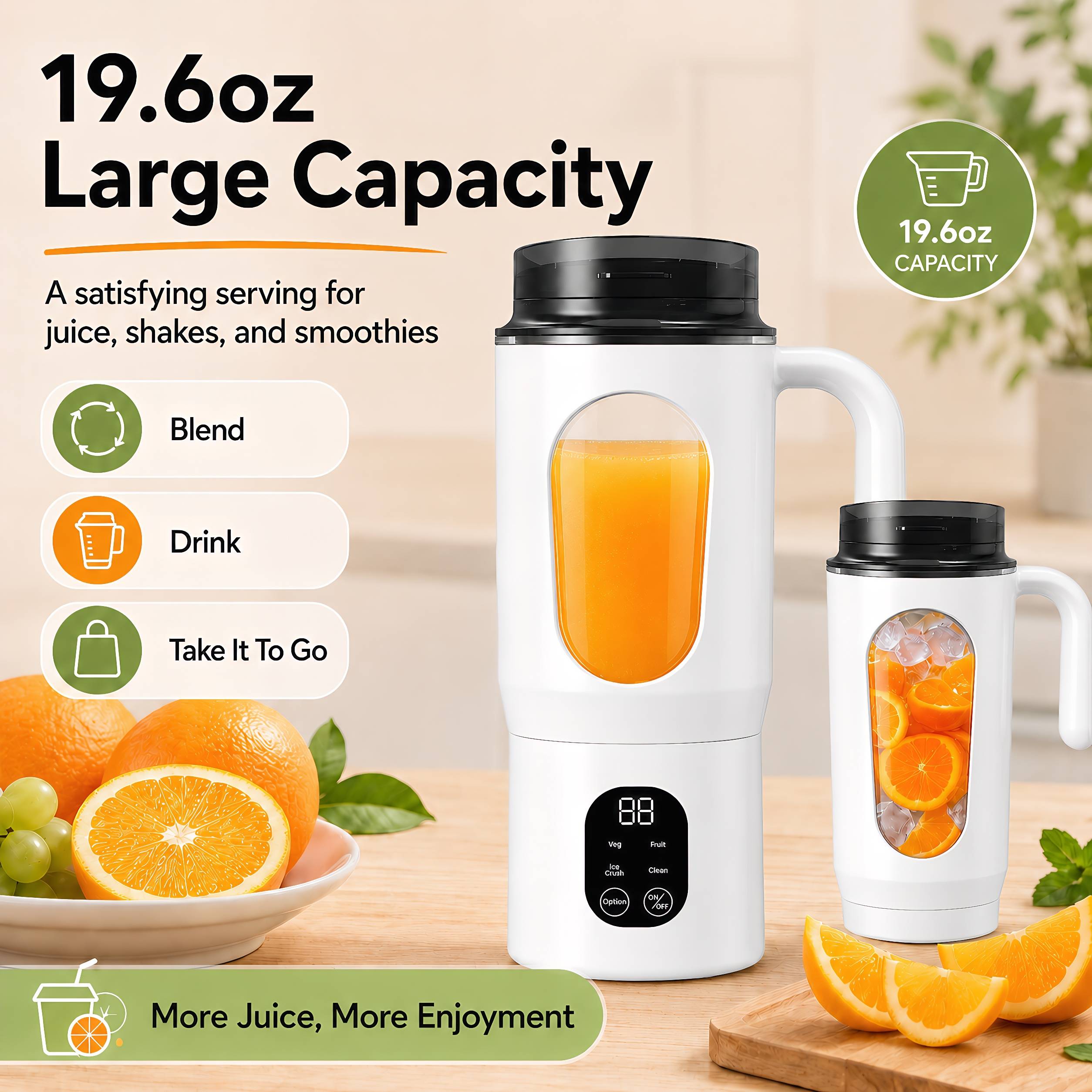 Make fresh drinks easier with the STARBIAO 19.6 oz Portable Blender. Designed for smoothies, shakes, fruit juice, and protein drinks, this personal juicer cup combines blending and drinking in one convenient design. The 12-blade 304 stainless steel system helps blend small fruit pieces, soft ingredients, and small ice cubes more evenly when used with water, milk, juice, or other liquid. Four modes let you choose from fruit, complementary food, ice crush, and cleaning, while the digital display shows battery and working status at a glance. With a hidden bottom Type-C charging port, rechargeable 1300mAh battery, wide handle, drink-through lid, anti-slip bottom pads, and easy-rinse cleaning mode, this portable blender is made for home, office, gym, travel, camping, and everyday fresh drinks on the go.