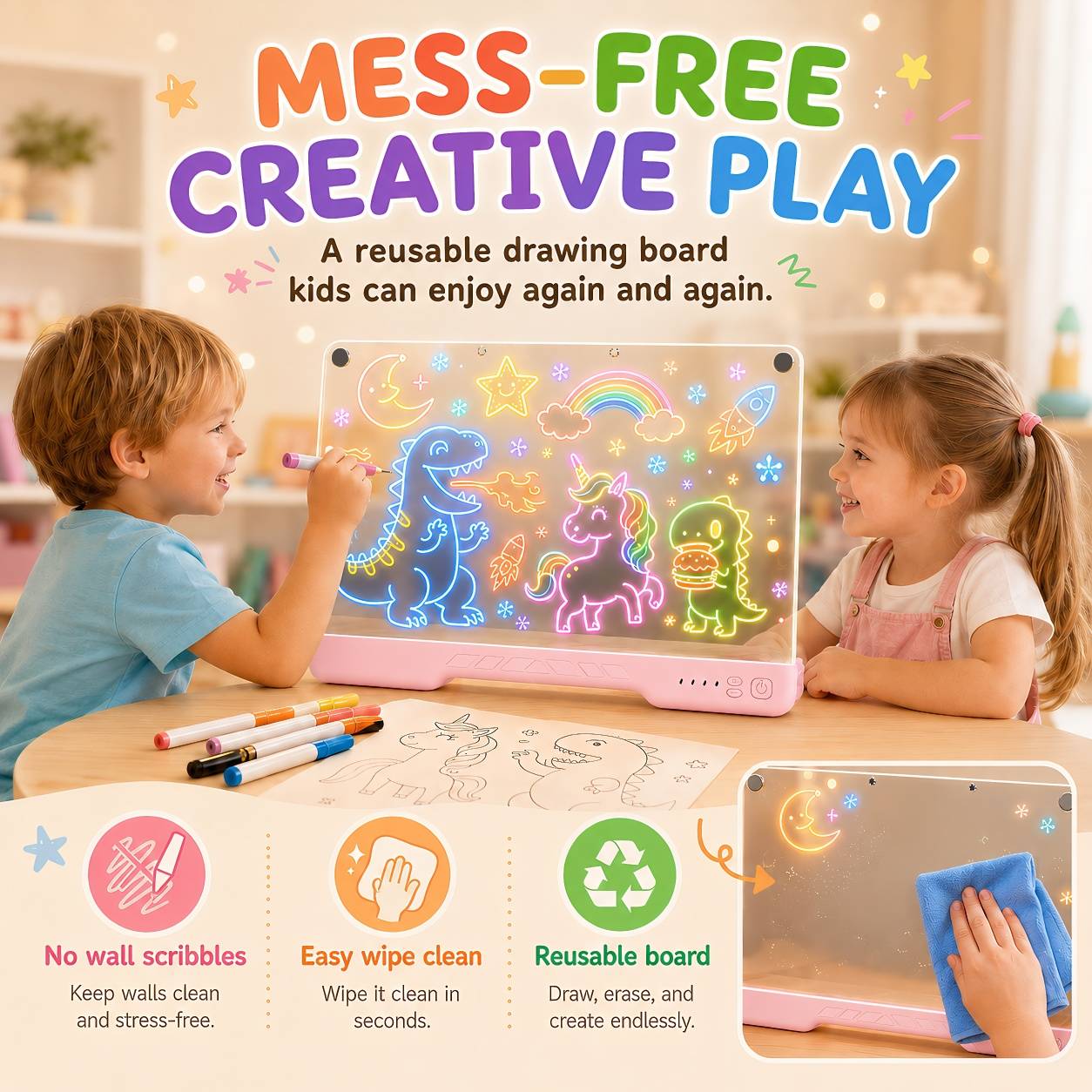 Turn everyday notes and drawings into glowing creativity with the STARBIAO LED Drawing Board. Designed for both fun and practical use, this upgraded light-up acrylic board features 10 color modes and 9 adjustable brightness levels, giving you more control than standard glow boards. Easily switch from a soft, calming glow for bedtime or room decor to brighter, eye-catching lighting for drawings, reminders, and messages. The large 16" writing surface provides plenty of space for kids’ drawings, daily schedules, to-do lists, and family messages. The smooth acrylic surface writes easily and wipes clean with no messy residue, making it perfect for repeated use at home, school, or the office. With a built-in rechargeable battery, this board offers 6–8 hours of cordless use, allowing you to place it anywhere without being limited by cables. The stable stand design keeps it securely positioned on desks, counters, or tables, while the lightweight build makes it easy to move between rooms. Unlike basic drawing boards, this all-in-one set includes everything you need to start right away—no extra purchases required. Whether used as a fun kids’ toy, a daily reminder board, or a decorative light display, it’s a simple way to bring creativity and organization into any space.