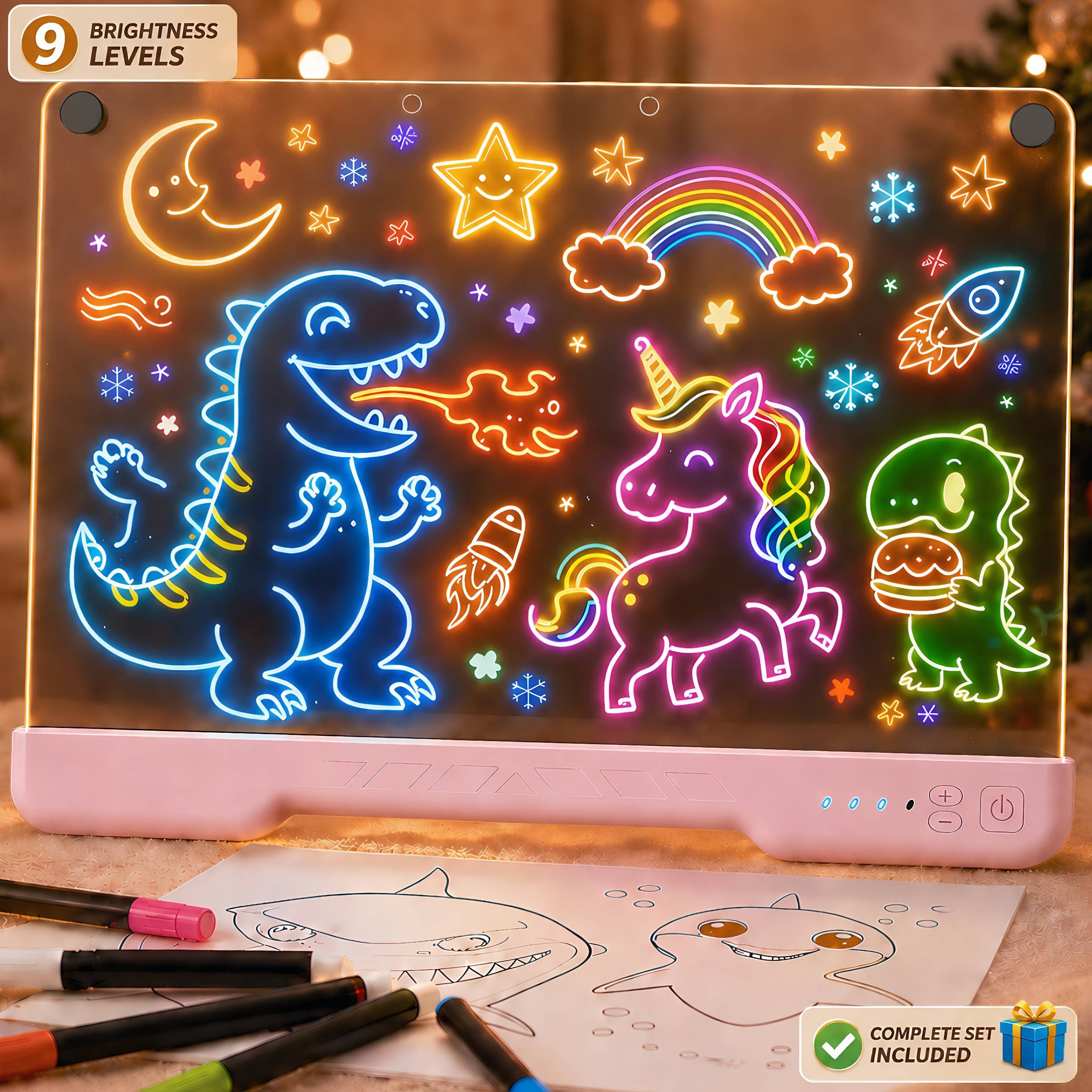 Turn everyday notes and drawings into glowing creativity with the STARBIAO LED Drawing Board. Designed for both fun and practical use, this upgraded light-up acrylic board features 10 color modes and 9 adjustable brightness levels, giving you more control than standard glow boards. Easily switch from a soft, calming glow for bedtime or room decor to brighter, eye-catching lighting for drawings, reminders, and messages. The large 16" writing surface provides plenty of space for kids’ drawings, daily schedules, to-do lists, and family messages. The smooth acrylic surface writes easily and wipes clean with no messy residue, making it perfect for repeated use at home, school, or the office. With a built-in rechargeable battery, this board offers 6–8 hours of cordless use, allowing you to place it anywhere without being limited by cables. The stable stand design keeps it securely positioned on desks, counters, or tables, while the lightweight build makes it easy to move between rooms. Unlike basic drawing boards, this all-in-one set includes everything you need to start right away—no extra purchases required. Whether used as a fun kids’ toy, a daily reminder board, or a decorative light display, it’s a simple way to bring creativity and organization into any space.