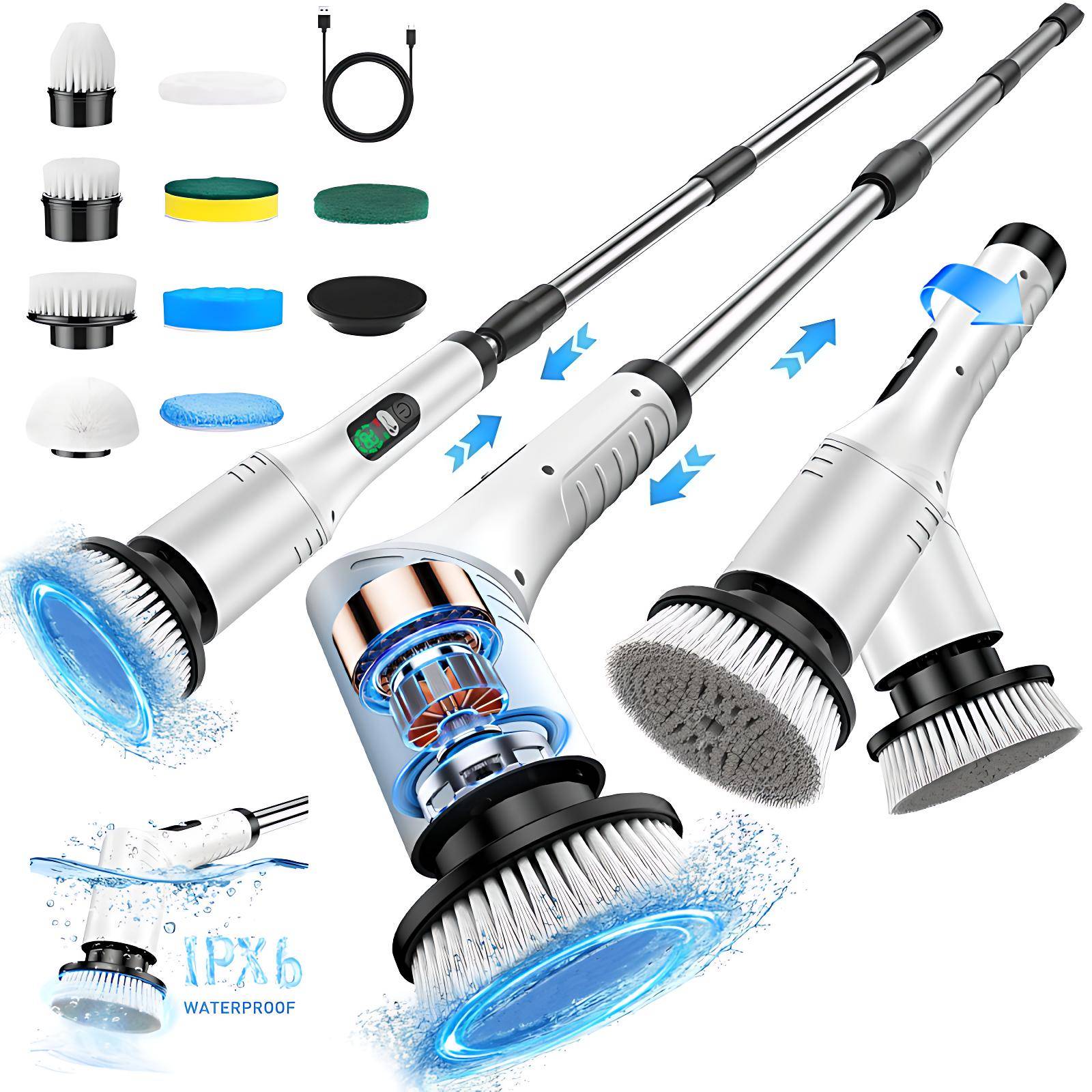 Make Cleaning Faster, Easier, and Pain-Free. Upgrade your cleaning routine with the STARBIAO Electric Spin Scrubber—designed to eliminate the struggle of traditional scrubbing. Unlike other cleaning tools, this cordless bathroom scrubber features an adjustable head that allows you to clean corners, grout lines, tubs, tiles, and hard-to-reach areas without constantly repositioning your body. The extendable long handle lets you clean floors, showers, and walls without bending or kneeling, helping reduce back and knee strain. With dual speeds (350/450 RPM), this power scrubber easily removes soap scum, stains, and grime from bathroom tile, grout, floor, kitchen, glass, and more. Equipped with 9 brush heads, it works as a shower scrubber, tile grout cleaner, and floor scrubber for multiple surfaces. The 2000mAh battery provides up to 90 minutes of runtime with fast USB-C charging, and the IPX6 waterproof design makes it safe for wet environments.