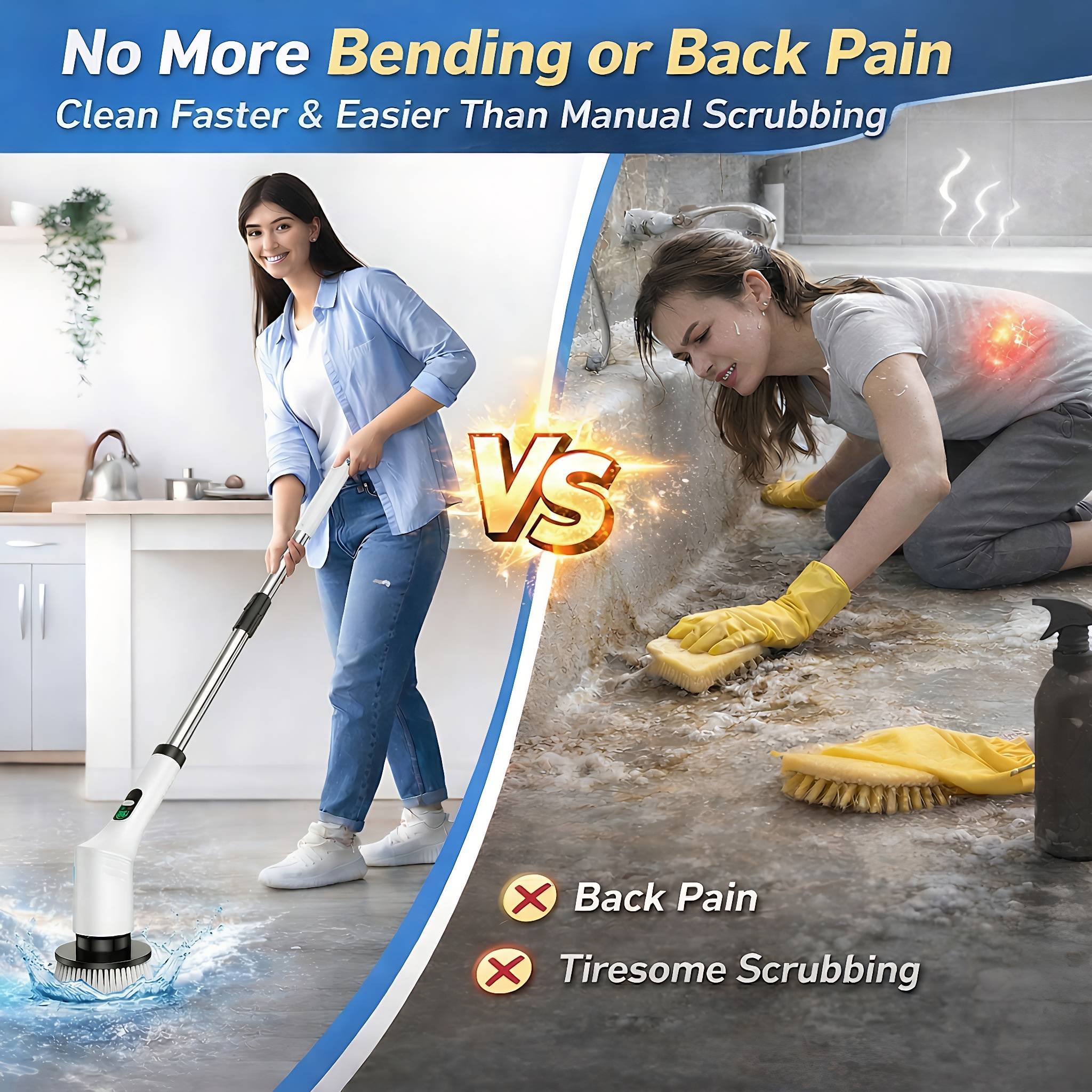 Make Cleaning Faster, Easier, and Pain-Free. Upgrade your cleaning routine with the STARBIAO Electric Spin Scrubber—designed to eliminate the struggle of traditional scrubbing. Unlike other cleaning tools, this cordless bathroom scrubber features an adjustable head that allows you to clean corners, grout lines, tubs, tiles, and hard-to-reach areas without constantly repositioning your body. The extendable long handle lets you clean floors, showers, and walls without bending or kneeling, helping reduce back and knee strain. With dual speeds (350/450 RPM), this power scrubber easily removes soap scum, stains, and grime from bathroom tile, grout, floor, kitchen, glass, and more. Equipped with 9 brush heads, it works as a shower scrubber, tile grout cleaner, and floor scrubber for multiple surfaces. The 2000mAh battery provides up to 90 minutes of runtime with fast USB-C charging, and the IPX6 waterproof design makes it safe for wet environments.