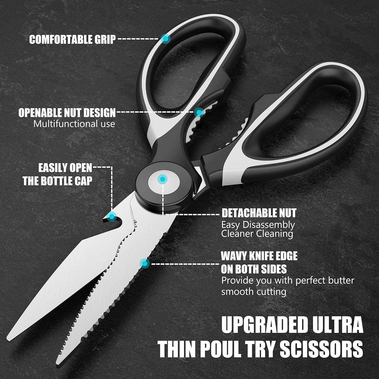 【Prefect All Purpose Kitchen Scissors Set】Has 2 different kitchen tools, including 8" super sharp kitchen shears & 5 blades herb scissors. All-purpose scissors for kitchen,household,home,car,outdoor general use. Great kitchen utility scissors set for women,men,adults,older. Make the kitchen job easier.

【Stainless Steel Sharp Blades & Soft Comfortable Handles】Made of premium stainless steel, these food scissors are super sharp, allowing you to cut through your food,meat,vegetables,chicken,poultry,fish,herbs,seafood,BBQ,food packing bags. A pair of multi-purpose scissors will be absolutely for everyday use, bring kitchen work more convenience. The ergonomically designed handle is shaped for comfort and features a soft grip coating for stability.

【Multifunctional Kitchen Shears】In addition to cut meat and vegetables in the kitchen it has more uses, which can be used as nuts cracker, bottle opener. Besides, the blade has a micro-serrated edge, and the scissor can scrape away fish scales. Not only performs well for kitchen tasks, but also daily use: cutting card boards, papers, hard plastic of product boxes, trimming rose stems. You want to use it everywhere and you can.

【Wonderful Herb Scissors】5-blade herb scissors can quickly cut vegetable stems into pieces. With it you can quickly and directly cut herbs on pizza, salad, casserole and soup. Such as onion, coriander, parsley, rosemary, leek, celery and other similar herbs. It's convenient to use in the kitchen, on the table and even cookout. No more cleaning knife and cutting boards. Not need to worry about cutting your finger like using a knife. And it's easy to clean up.

【Worth to Get Them】Warm tips: Pls cleaning after use, wipe off the water and keep dry to prevent rust. Hand washing is recommended in order to keep the blade edges sharp. Shears are suitable for right- or left-handed use. We guarantee that the high quality kitchen scissors will surely please you! Also a perfect gift on Christmas, Wedding Day, Mother's Day, Housewarming or more, especially for cooks and herb lovers.
