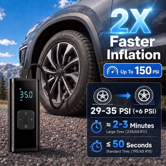 Brand：TEENHAO
Stay prepared on the road with this 5-in-1 portable tire inflator, designed for drivers who want cordless convenience, emergency backup power, and reliable tire pressure control in one compact device.

Powered by a built-in 6000mAh rechargeable battery, this cordless air pump lets you inflate low-pressure tires without staying tied to your car. For longer inflation tasks or low-battery situations, simply connect the included 12V DC cigarette lighter power cord for continuous power from your vehicle. With up to 150 PSI maximum pressure and 80W high power output, it is ideal for topping off car tires, SUV tires, motorcycle tires, bicycle tires, basketballs, swim rings, and other everyday inflatables.

The digital pressure gauge shows clear real-time PSI readings, and the AI smart auto shut-off function automatically stops inflation once the preset pressure is reached. No more repeated checking or worrying about over-inflation. Just set the target PSI, connect the valve, and press start.

This portable air compressor also works as an emergency roadside tool. The built-in LED light offers white light, red warning flash, and SOS mode for nighttime tire checks or roadside visibility. The USB output can also charge your phone in an emergency, making it a practical power bank for travel, commuting, camping, and unexpected situations.

Compact, lightweight, and easy to store, this rechargeable tire inflator comes with essential accessories including a Type-C charging cable, 12V DC power cord, air hose, 4 nozzle adapters, and a storage bag. Everything you need for daily driving and outdoor use is included.

What’s Included

1 × Portable Tire Inflator
1 × Type-C Charging Cable
1 × 12V DC Cigarette Lighter Power Cord
1 × Air Hose
4 × Nozzle Adapters
1 × Storage Bag
1 × User Manual

Specifications

Battery Capacity: 6000mAh
Standby Time: Up to 120 Days
Maximum Pressure: 150 PSI
Maximum Power: 80W
Product Size: 6.3 × 3.1 × 2.1 in
Product Weight: 0.95 lb
Power Supply: Rechargeable Battery and 12V DC Car Power Cord
Light Modes: White Light, Red Emergency Flash, SOS Flash

Applicable Uses: Car Tires, SUV Tires, Motorcycle Tires, Bicycle Tires, Basketballs, Swim Rings, Inflatables