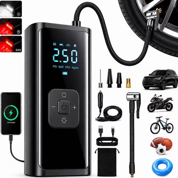 Brand：TEENHAO
Stay prepared on the road with this 5-in-1 portable tire inflator, designed for drivers who want cordless convenience, emergency backup power, and reliable tire pressure control in one compact device.

Powered by a built-in 6000mAh rechargeable battery, this cordless air pump lets you inflate low-pressure tires without staying tied to your car. For longer inflation tasks or low-battery situations, simply connect the included 12V DC cigarette lighter power cord for continuous power from your vehicle. With up to 150 PSI maximum pressure and 80W high power output, it is ideal for topping off car tires, SUV tires, motorcycle tires, bicycle tires, basketballs, swim rings, and other everyday inflatables.

The digital pressure gauge shows clear real-time PSI readings, and the AI smart auto shut-off function automatically stops inflation once the preset pressure is reached. No more repeated checking or worrying about over-inflation. Just set the target PSI, connect the valve, and press start.

This portable air compressor also works as an emergency roadside tool. The built-in LED light offers white light, red warning flash, and SOS mode for nighttime tire checks or roadside visibility. The USB output can also charge your phone in an emergency, making it a practical power bank for travel, commuting, camping, and unexpected situations.

Compact, lightweight, and easy to store, this rechargeable tire inflator comes with essential accessories including a Type-C charging cable, 12V DC power cord, air hose, 4 nozzle adapters, and a storage bag. Everything you need for daily driving and outdoor use is included.

What’s Included

1 × Portable Tire Inflator
1 × Type-C Charging Cable
1 × 12V DC Cigarette Lighter Power Cord
1 × Air Hose
4 × Nozzle Adapters
1 × Storage Bag
1 × User Manual

Specifications

Battery Capacity: 6000mAh
Standby Time: Up to 120 Days
Maximum Pressure: 150 PSI
Maximum Power: 80W
Product Size: 6.3 × 3.1 × 2.1 in
Product Weight: 0.95 lb
Power Supply: Rechargeable Battery and 12V DC Car Power Cord
Light Modes: White Light, Red Emergency Flash, SOS Flash

Applicable Uses: Car Tires, SUV Tires, Motorcycle Tires, Bicycle Tires, Basketballs, Swim Rings, Inflatables