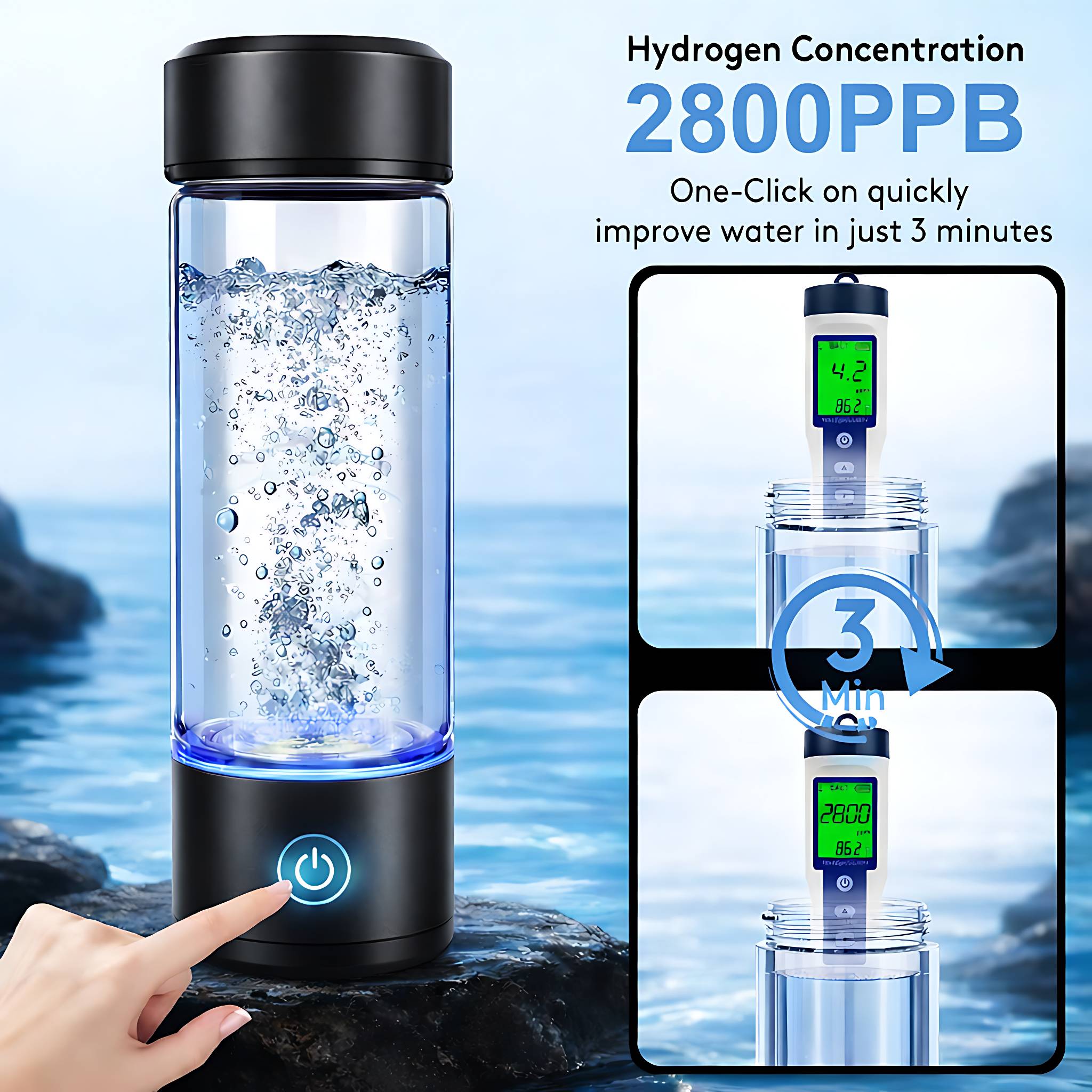 STARBIAO Hydrogen Water Bottle is designed for people who want a smarter, more convenient way to enjoy daily hydration. Using advanced SPE and PEM technology, this portable rechargeable hydrogen water bottle helps generate hydrogen-rich water in about 3 minutes, with hydrogen concentration up to 2800 PPB under standard operating conditions. The 16 oz size is ideal for everyday use at home, in the office, at the gym, or while traveling. Made with borosilicate glass, it offers a clean look, durable construction, and easy maintenance. Simple one-button control, LED status light, Type-C charging, and a detachable design make it easy to use and easy to clean. The built-in connector adds flexibility for direct use or pairing with many standard water bottles. For best results, use purified water, mineral water, alkaline water, or tap water. Do not use juice, milk, tea, coffee, alcohol, or other flavored beverages.