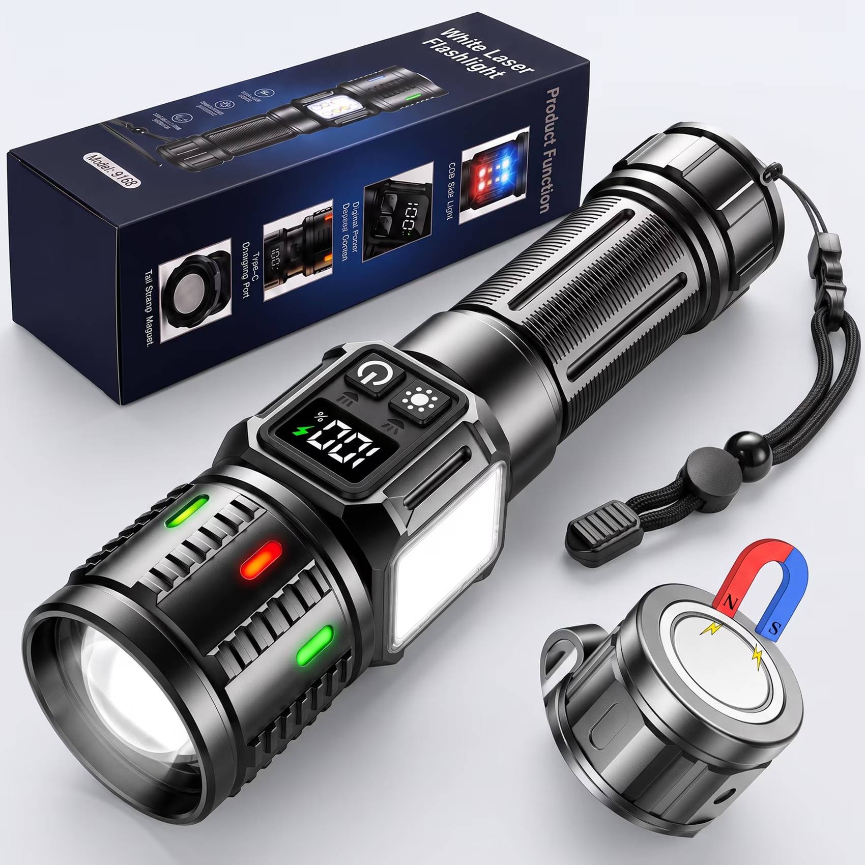 🔦 **Bright Light with Adjustable Focus**
Built with a high-output P70 LED chip, this rechargeable LED flashlight is rated up to 180,000 lumens. Its sliding zoom design lets you change from a concentrated long-range spotlight reaching up to 3,500 ft to a broad flood beam covering up to 3,000 sq. ft.

💡 **6 Useful Lighting Modes**
Dual independent switches make operation simple. Choose High, Medium, or Strobe for the main light, or use the COB side light in White, Red, or Red-Blue Flash mode. The COB work light is ideal for close-range illumination, roadside visibility, camping, repairs, and power outages.

🧲 **Magnetic Hands-Free Lighting**
Attach the strong magnetic tail to compatible steel surfaces and direct the COB side light toward your work area. This magnetic flashlight is especially useful for car maintenance, garage projects, workshops, electrical outages, and other situations where both hands are needed.

🔋 **Fast Recharge with Real-Time Power Display**
The USB-C rechargeable flashlight can be fully charged in about 2 hours with a compatible power source. A digital battery display clearly shows the remaining power percentage, while the rechargeable battery provides approximately 7–12 hours of runtime depending on brightness mode and operating conditions.

🌧️ **Compact and Ready for Outdoor Use**
At only 0.27 lb, this lightweight portable flashlight fits easily into a backpack, emergency kit, drawer, or vehicle storage compartment. The textured non-slip body, IPX6 water-resistant construction, fluorescent head accents, and included black nylon wrist lanyard make it suitable for camping, hiking, fishing, night walking, roadside repair, and everyday home use.

📦 **Package Includes**

1 × Rechargeable Flashlight
1 × USB-C Charging Cable
1 × Black Nylon Wrist Lanyard
1 × Retail Packaging Box