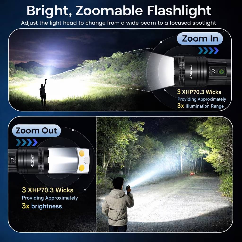 ✅【Bright LED Flashlight with Wide Coverage】Designed to provide clear and consistent illumination for everyday use. Suitable for home lighting, outdoor activities, and emergency situations.
✅【Multiple Light Modes for Versatile Use】Includes white light, warm light, and side light options, along with adjustable brightness levels to meet different lighting needs.
✅【Tripod-Compatible for Hands-Free Use】Can be used with a stand for stable placement, making it suitable for work lighting, camping, and indoor or outdoor tasks.
✅【USB-C Rechargeable with Long Runtime】
Built-in rechargeable battery with USB-C charging for convenient use. Provides extended runtime for daily use and outdoor activities.
✅【Portable Design with Carrying Strap】 Comes with a durable strap for easy carrying. Lightweight and convenient for travel, camping, and everyday use.
✅【Battery Level Display】Equipped with a digital display to help monitor remaining battery power and ensure timely charging.
✅【Durable & Water-Resistant Construction】 Made with aluminum alloy housing for reliable everyday use. Designed to withstand normal outdoor conditions, including light rain.
✅【Power Bank Function】 Can be used to provide backup power for small devices when needed, adding extra convenience during travel or emergencies.
🌸【Customer Support】 We are committed to providing reliable products and responsive customer service.