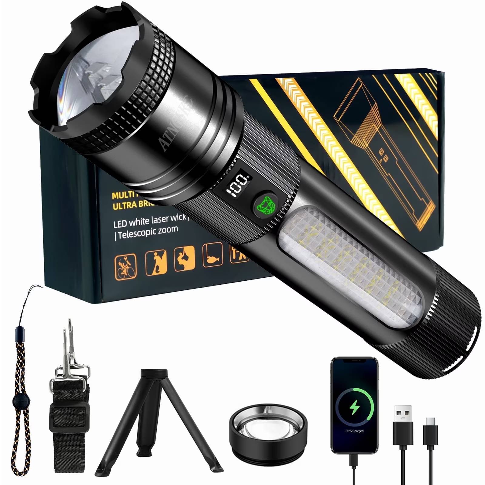 ✅【Bright LED Flashlight with Wide Coverage】Designed to provide clear and consistent illumination for everyday use. Suitable for home lighting, outdoor activities, and emergency situations.
✅【Multiple Light Modes for Versatile Use】Includes white light, warm light, and side light options, along with adjustable brightness levels to meet different lighting needs.
✅【Tripod-Compatible for Hands-Free Use】Can be used with a stand for stable placement, making it suitable for work lighting, camping, and indoor or outdoor tasks.
✅【USB-C Rechargeable with Long Runtime】
Built-in rechargeable battery with USB-C charging for convenient use. Provides extended runtime for daily use and outdoor activities.
✅【Portable Design with Carrying Strap】 Comes with a durable strap for easy carrying. Lightweight and convenient for travel, camping, and everyday use.
✅【Battery Level Display】Equipped with a digital display to help monitor remaining battery power and ensure timely charging.
✅【Durable & Water-Resistant Construction】 Made with aluminum alloy housing for reliable everyday use. Designed to withstand normal outdoor conditions, including light rain.
✅【Power Bank Function】 Can be used to provide backup power for small devices when needed, adding extra convenience during travel or emergencies.
🌸【Customer Support】 We are committed to providing reliable products and responsive customer service.
