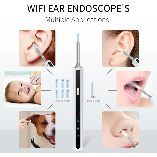 Features:
✅【1080P HD Camera & 360° Wide Angle】 This wireless ear camera has 360°wide-angle professional grade lens,creates a large coverage view to help you remove the earwax much easier. The ear wax kit with camera has anti-Fog & anti-dust technology can provide superior clear image with 1080P full HD.
✅【IP67 Level Waterproof & USB Rechargeable Design】 Our GPEESTRA ear wax removal camera comes with built-in 350mAH rechargeable battery, which can last for 90mins continuous working time or 60-day standby time. IP67 waterproof ear otoscope, ear spoon, and lens can be washed with water or wiped with alcohol cotton after use, please do not put the whole otoscope in water.
✅【3.5mm len & 6 LED lights & 6-axis gyro technology】This len of this ear cleaner otoscope with light is 3.5mm, and 6 LED lights can help you light up the canal and see the dark place clearly. The convenient for daily inspection of ear, nose, mouth, throat and other health conditions. You can take care of your family's or friend's health, even your pets.
✅【Wide Compatiblity & Easy to Use】 This Ear Cleaning Kit with camera can work well with all of android and ios devices. And also, you can use it in your tablet. Scan the QR Code to download the App and connect the wifi of the ear scope, one button to start use.

✅Specifications:
Color: White
Lens Diameter: 3.5mm
Battery: 350mAh
Working Time: About 90 minutes
Standby Time: About 60 days
Waterproof Level: IP67(Only the lens!)
Compatible with Android & iOS & tablet devices.

✅Package Included:
1*Ear scoop storage box
1*ear wax removal tool
5* Traditional ear scoop
5 *Silicone earplug cover
1 *charging cable
1 *cleaning brush
1*Detachable ear spoon
1*Instruction Manual.

✅Using Tips:
1. Scan the QR code to download the app.
2. Long press the power key to open the device.
3. Open the "Suear" app, find "Suear-xxxx", connect and start to use.
4. Return to the app again and check the house icon toenter the device, and you can see the shot screen.