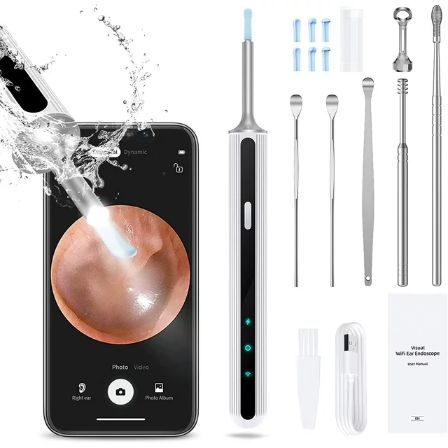 Features:
✅【1080P HD Camera & 360° Wide Angle】 This wireless ear camera has 360°wide-angle professional grade lens,creates a large coverage view to help you remove the earwax much easier. The ear wax kit with camera has anti-Fog & anti-dust technology can provide superior clear image with 1080P full HD.
✅【IP67 Level Waterproof & USB Rechargeable Design】 Our GPEESTRA ear wax removal camera comes with built-in 350mAH rechargeable battery, which can last for 90mins continuous working time or 60-day standby time. IP67 waterproof ear otoscope, ear spoon, and lens can be washed with water or wiped with alcohol cotton after use, please do not put the whole otoscope in water.
✅【3.5mm len & 6 LED lights & 6-axis gyro technology】This len of this ear cleaner otoscope with light is 3.5mm, and 6 LED lights can help you light up the canal and see the dark place clearly. The convenient for daily inspection of ear, nose, mouth, throat and other health conditions. You can take care of your family's or friend's health, even your pets.
✅【Wide Compatiblity & Easy to Use】 This Ear Cleaning Kit with camera can work well with all of android and ios devices. And also, you can use it in your tablet. Scan the QR Code to download the App and connect the wifi of the ear scope, one button to start use.

✅Specifications:
Color: White
Lens Diameter: 3.5mm
Battery: 350mAh
Working Time: About 90 minutes
Standby Time: About 60 days
Waterproof Level: IP67(Only the lens!)
Compatible with Android & iOS & tablet devices.

✅Package Included:
1*Ear scoop storage box
1*ear wax removal tool
5* Traditional ear scoop
5 *Silicone earplug cover
1 *charging cable
1 *cleaning brush
1*Detachable ear spoon
1*Instruction Manual.

✅Using Tips:
1. Scan the QR code to download the app.
2. Long press the power key to open the device.
3. Open the "Suear" app, find "Suear-xxxx", connect and start to use.
4. Return to the app again and check the house icon toenter the device, and you can see the shot screen.