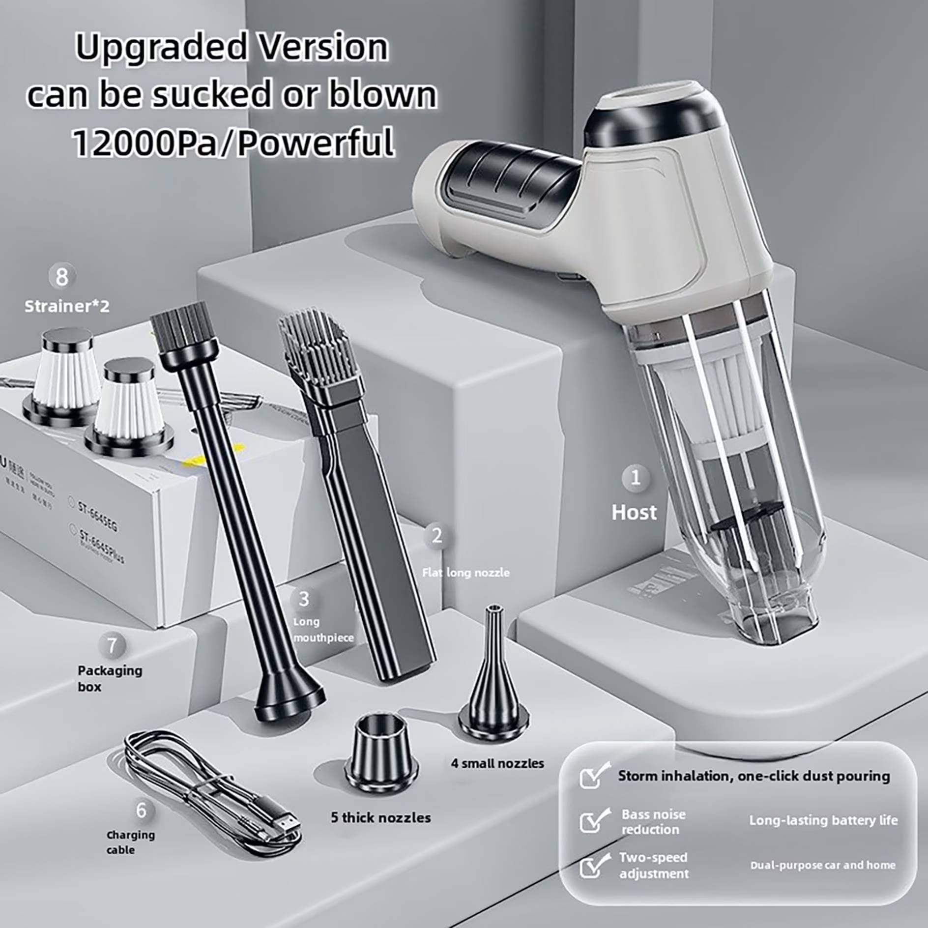 Powerful Performance: Features a 120W/12000PA suction power, capable of continuous operation for over an hour, and includes overload protection for enhanced durability.
Versatile Functionality: Integrates 4-in-1 capabilities including suction, blowing, vacuuming, and inflation, suitable for various scenarios from car interiors to household items and outdoor use.
Efficient Charging: Equipped with a 4000mAh battery and fast charging port, allowing full charge in 2.5 hours via car chargers, power banks, or laptops.
Ergonomic Design: Lightweight, under 1 pound, and ergonomically designed for comfortable, long-duration use, easily reaching various corners.
Easy Maintenance: One-click dismantling for effortless garbage disposal and a washable, reusable filter screen designed for long-term use.
Comprehensive Accessories: Comes with multiple detachable brush head nozzles for diverse cleaning tasks, including keyboards, cameras, and sofas, along with inflation tools.
Smart Protection: Incorporates intelligent heating protection with automatic high-temperature power-off to extend the vacuum cleaner's lifespan.