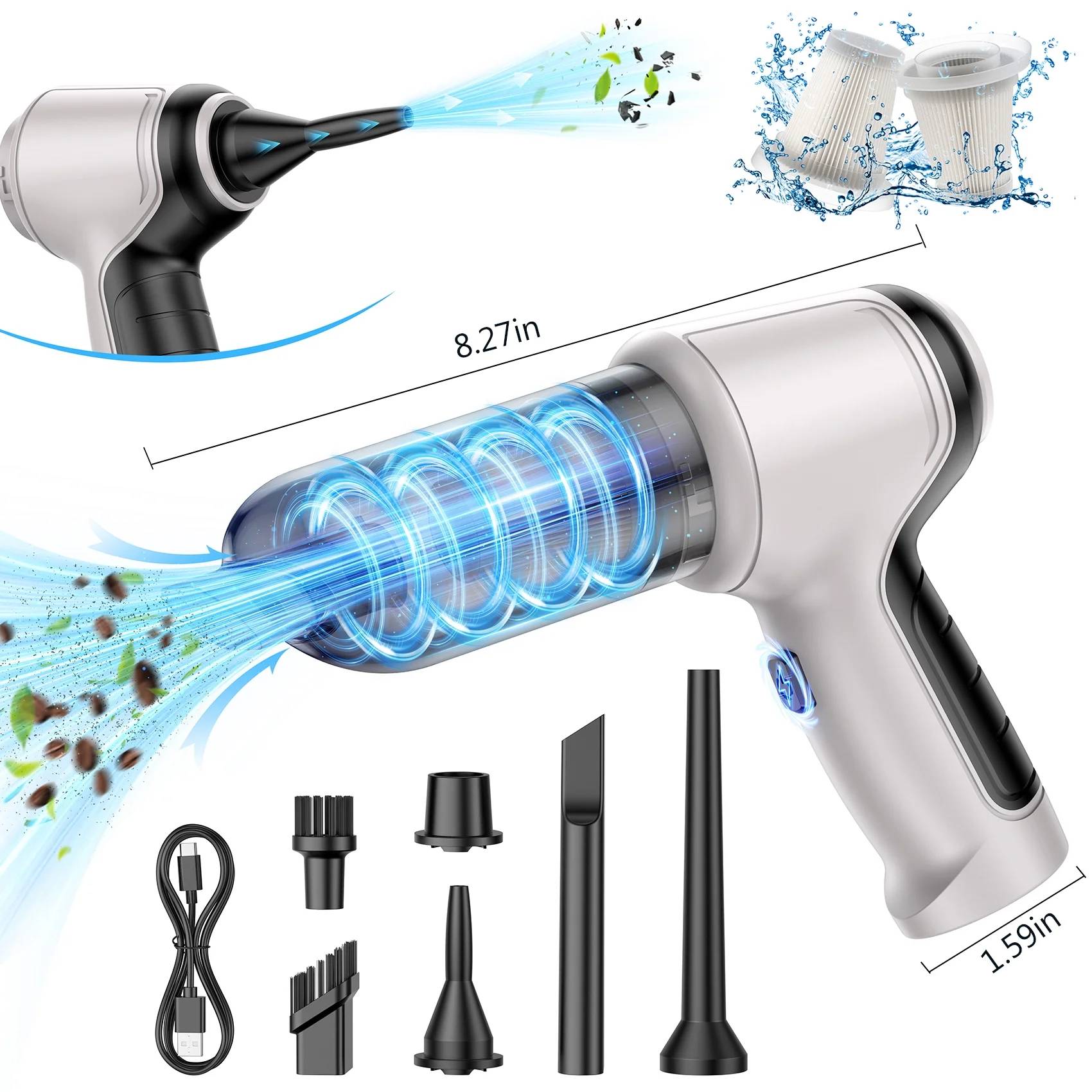 Powerful Performance: Features a 120W/12000PA suction power, capable of continuous operation for over an hour, and includes overload protection for enhanced durability.
Versatile Functionality: Integrates 4-in-1 capabilities including suction, blowing, vacuuming, and inflation, suitable for various scenarios from car interiors to household items and outdoor use.
Efficient Charging: Equipped with a 4000mAh battery and fast charging port, allowing full charge in 2.5 hours via car chargers, power banks, or laptops.
Ergonomic Design: Lightweight, under 1 pound, and ergonomically designed for comfortable, long-duration use, easily reaching various corners.
Easy Maintenance: One-click dismantling for effortless garbage disposal and a washable, reusable filter screen designed for long-term use.
Comprehensive Accessories: Comes with multiple detachable brush head nozzles for diverse cleaning tasks, including keyboards, cameras, and sofas, along with inflation tools.
Smart Protection: Incorporates intelligent heating protection with automatic high-temperature power-off to extend the vacuum cleaner's lifespan.