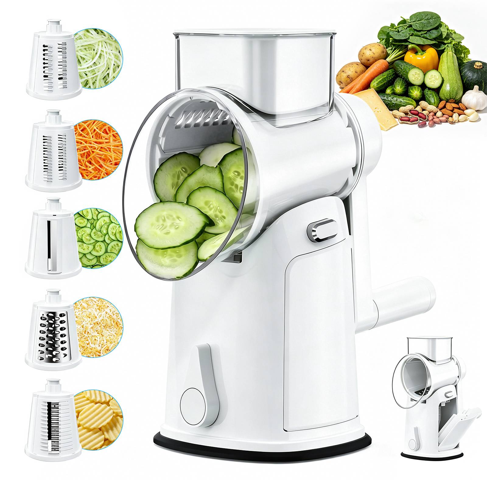 Upgrade your kitchen with the GOLDLEMON Multifunctional Rotary Cheese Grater. Featuring 5 interchangeable sets (10 total) of premium stainless steel blades, this versatile tool handles all your slicing, shredding, and grating needs with a simple turn of the handle. Designed in a modern minimalist white, it seamlessly complements any kitchen decor while delivering professional-grade performance.
Equipped with a massive 3.5-inch large feed chute, it easily accommodates whole vegetables and cheese blocks, drastically reducing your pre-cutting and preparation time. The fully detachable body ensures effortless, worry-free cleanup, while the heavy-duty suction base locks firmly onto smooth surfaces for rock-solid stability. Complete with a dedicated blade storage container, it keeps your kitchen safe, organized, and clutter-free.
Specifications:
Color: White
Material: ABS + PC + Stainless Steel
Dimensions: 10.6 x 5.1 x 5.1 inches
Special Features: 3.5-inch Large Feed Chute, Easy to Clean, Ergonomic Hand Crank, Modern Minimalist Style
Brand: GOLDLEMON
Package Includes:
1 x Multifunctional Rotary Cheese Grater (White)
10 x Stainless Steel Blades (5 Sets)
1 x Blade Storage Container
1 x User Manual