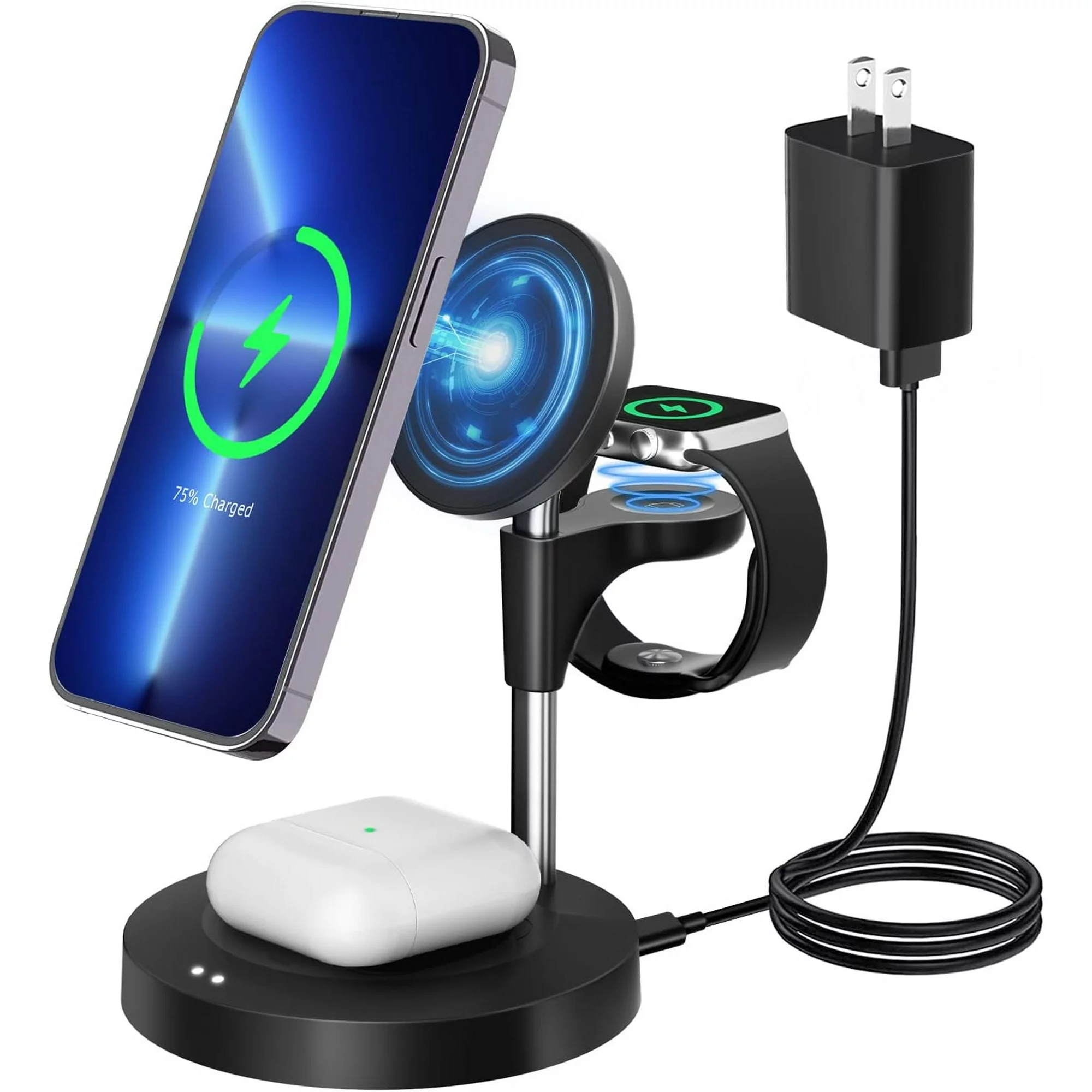 3 in 1 Wireless Charging Station (2023 Newest), Fast Mag-Safe Charger Stand with QC2.0 3.0 Adapter Compatible with iPhone 14,13,12 Pro Max/Pro/Mini/Plus, Watch Ultra/8/7/SE/6/5/4/3/2/1 (Black)



1. Compatible Case Types: For Magnetic Case, Not for Normal Case without magnetic function or thickness over 3mm

2. Compatible Phone Models:

Compatible with iPhone 14, iPhone 14 Pro, iPhone 14 Pro Max, iPhone 14 Plus

Compatible with iPhone 13, iPhone 13 Pro, iPhone 13 Pro Max, iPhone 13 mini

Compatible with iPhone 12, iPhone 12 Pro, iPhone 12 Pro Max, iPhone 12 mini

3. Compatible Smart Watch Models:

Compatible with Apple Watch Ultra/8/7/SE/6/5/4/3/2/1

4. Compatible TWS Bluetooth Earbuds Models:

For AirPods2(Wireless charging version), AirPods3, AirPods Pro

For Galaxy Buds, Buds+

For Soundcore Liberty Air 2 Pro, Liberty 2 Pro

For Sony WF-1000XM4