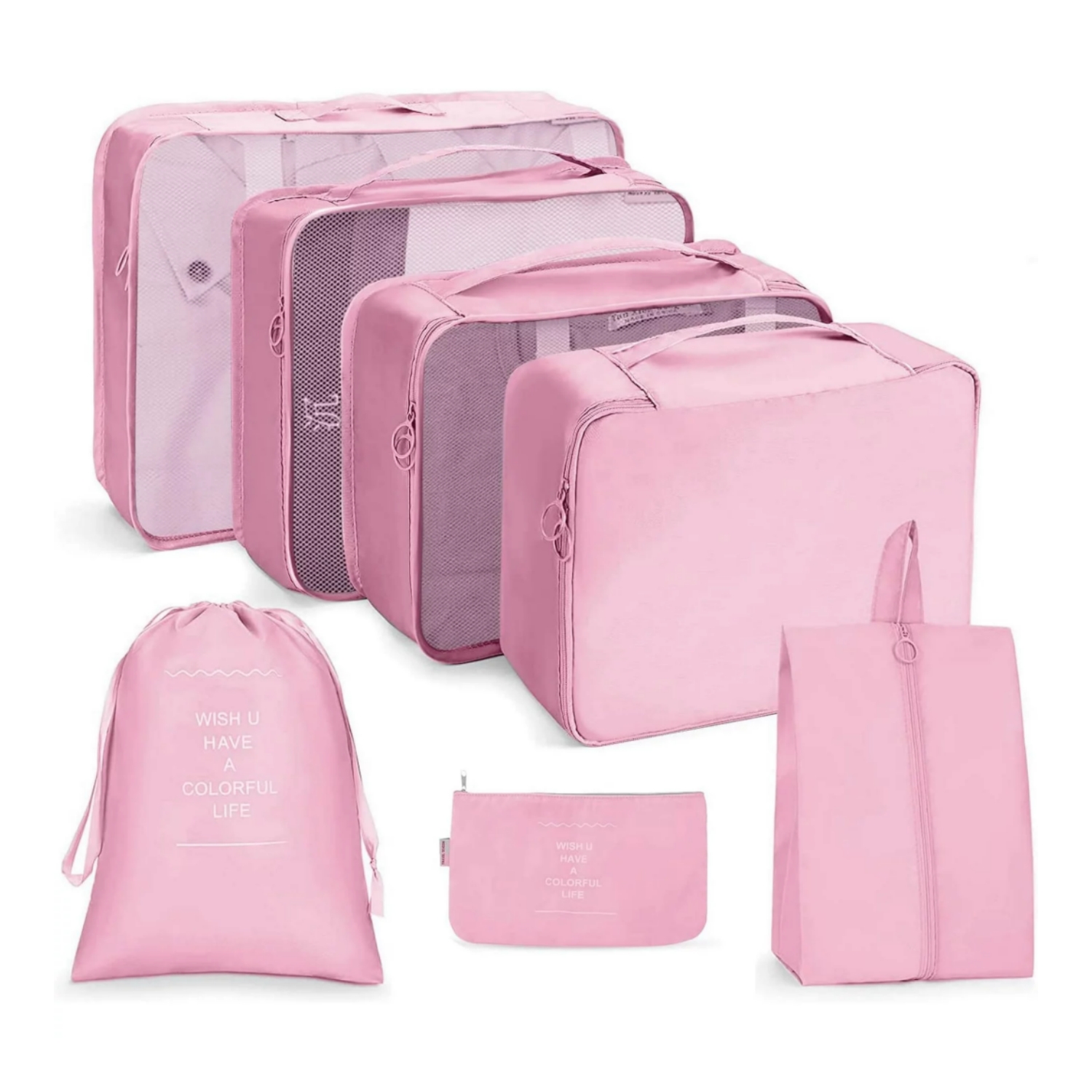 Packing Cubes for Travel, 7Pcs Travel Cubes Set Foldable Suitcase Organizer Lightweight Luggage Storage Bag.

Features:
7 Pcs Super Value Travel Packing Set: The sets include 3 travel packing cubes with a see-through mesh top for clothes, 1 private cube for bras and underwear, 1 travel shoe bag, 1 toiletry bag, 1 laundry bag for dirty clothes and 1 flat bag for small items, like socks, electronic accessories or keys.

Specification:
Material: Nylon, Linen
Colour: Pink
Closure Type: Buckle

Package Includes:
1 x Large net bag: 15.3 * 11.4 * 3.9 inch
1 x Medium net bag: 12.2 * 9.8 * 3.9 inch
1 x Small mesh bag: 11.8 * 8.26 * 3.9 inch
1 x Shoe bag: 13.7 * 10.6 * 3.9 inch
1 x Underwear Storage bag: 12.2 * 7.87 * 3.9 inch
1 x waterproof makeup bag: 13.7 * 10.6 inch
1 x Digital bag: 9.7 * 16.2 inch
