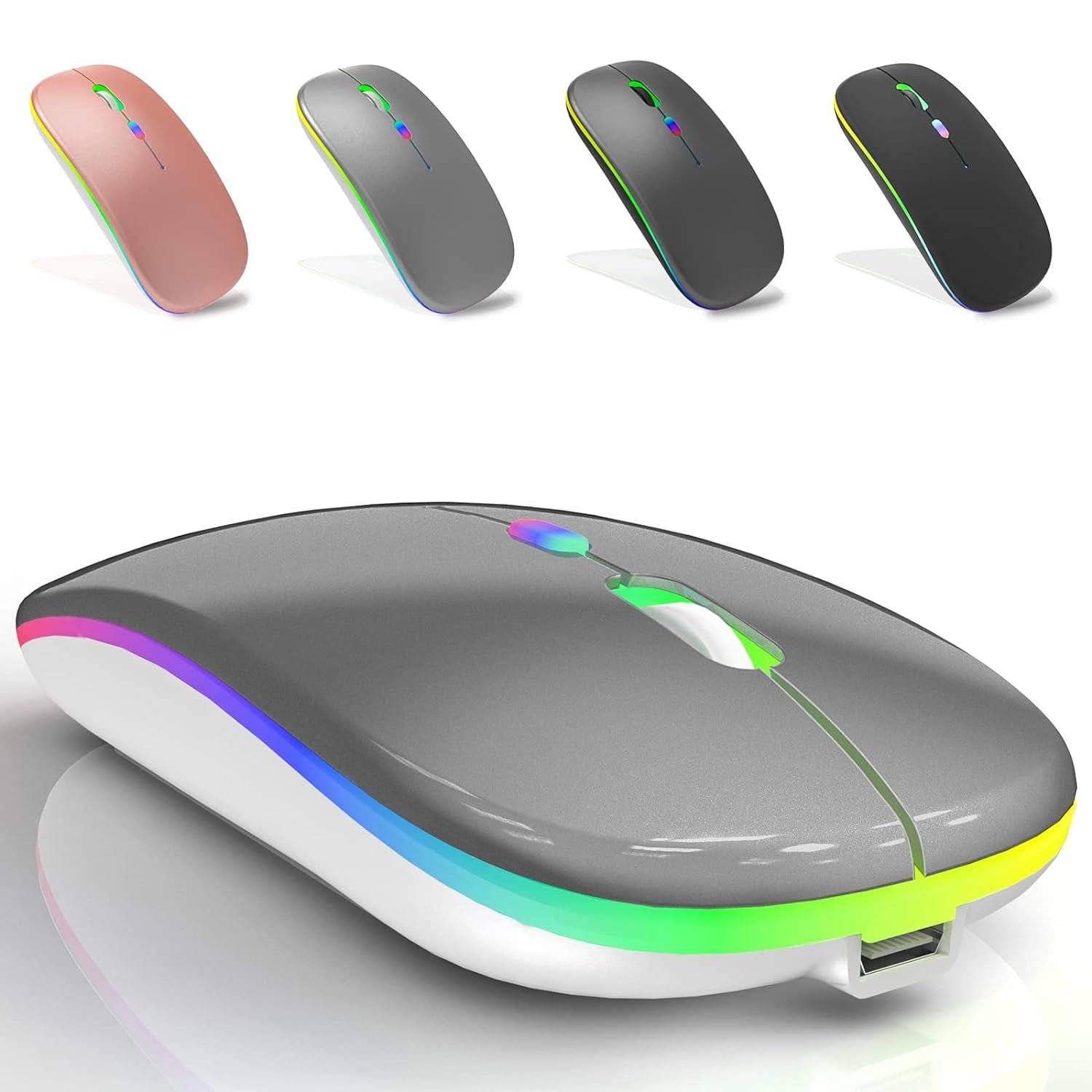 3-Level DPI Adjustable
The slim wireless mouse has three-level adjustable DPI, which can easily switch the pointer speed at any time to meet different needs. For example, when playing games, you need a suitable DIP to satisfy the experience.

Two Connection Methods
2.4G wireless and Bluetooth connection to meet different needs. At the same time, it supports Type-c port devices. You can use this light up mouse whether your device is equipped with a USB port or a Type-C port.

Rechargable Mouse
The mouse built-in rechargeable battery, with a charging cable.

Notes:The blue light shows when charging.

The blue light turns off automatically when fully charged.

How to use it:
A. 2.4Ghz Mode:
Switch to "ON/OFF" button to right.And Plug the receiver into the USB port of your computer, Then you can use the mouse in 2.4GHz Mode.

B. Bluetooth Mode:
1. Turn on the device's Bluetooth function

2. Switch to "ON/OFF" button to left. (Bluetooth mode)

3. Search the product of Bluetooth and find “BT5.1 Mouse” to pair. Then you can use the mouse in Bluetooth Mode.

Working Manner: Wireless 2.4GHz
Warking voltage:3.7v
Charging Time: 2-3H
Battery: Rechargeable lithium battery
Backlit LED:7 Color Breathing lights
Battery Capacity:50CmAh
Life Time: Over 30days