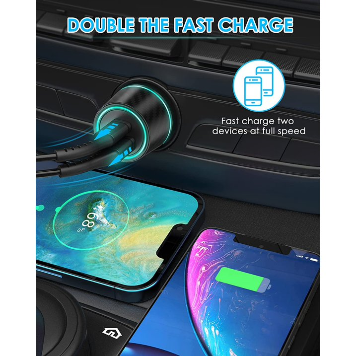 Fast Car Charger Adapter 48W dual-port output, it can fast charge two devices at the same time Cool Blue LED atmosphere lights make driving more fun，convenient and safer. Car Charger can firmly lock the cigarette lighter, stable charging, and no fear of bumps. It creatively uses a transparent pc case to add style to it. Transparent+Metal Design Fast Car Adapter PD 30W USB-C+QC3.0 18W USB-A Two Port With LED Light For iPhone 13 12 11 X 9 Pro Max Mini, Samsung, Motorola, OnePlus, Google(TH219).

Car Charger Adapter MAX 48W;

Intput: DC12-24V,4A max;

Output USB-A: 5V/3A,9V/2A,12V/1.5A;

Type-C: 5V/3A,9V/2.77A;