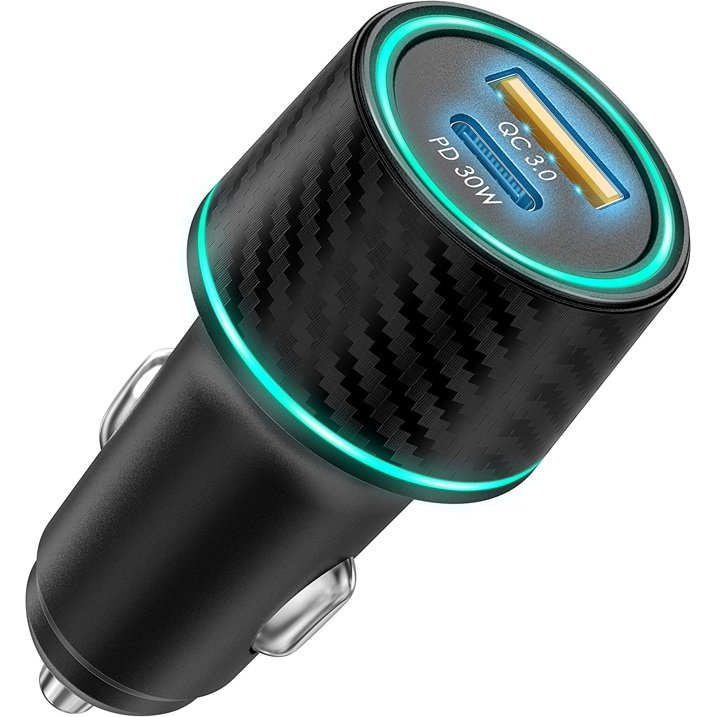 Fast Car Charger Adapter 48W dual-port output, it can fast charge two devices at the same time Cool Blue LED atmosphere lights make driving more fun，convenient and safer. Car Charger can firmly lock the cigarette lighter, stable charging, and no fear of bumps. It creatively uses a transparent pc case to add style to it. Transparent+Metal Design Fast Car Adapter PD 30W USB-C+QC3.0 18W USB-A Two Port With LED Light For iPhone 13 12 11 X 9 Pro Max Mini, Samsung, Motorola, OnePlus, Google(TH219).

Car Charger Adapter MAX 48W;

Intput: DC12-24V,4A max;

Output USB-A: 5V/3A,9V/2A,12V/1.5A;

Type-C: 5V/3A,9V/2.77A;