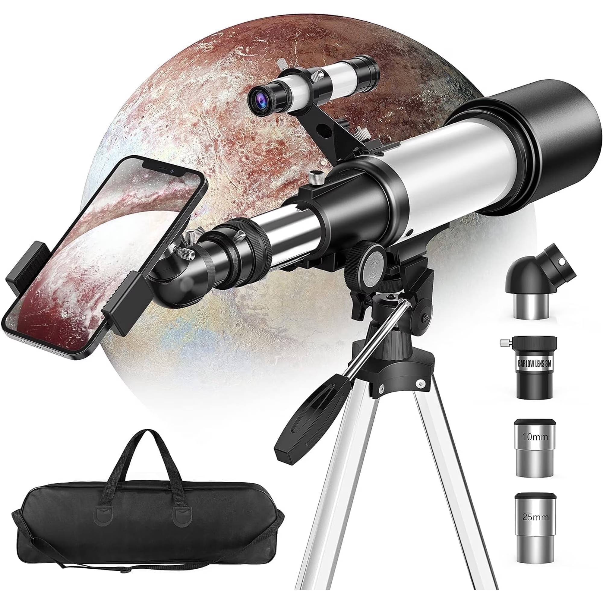 Get stunning views of the night sky's most brilliant sights or explore the fascinating details of the world around with the Juyafio 70 mm telescope. This versatile refractor has a 70mm aperture that is large enough to provide revealing views of the Moon, planetary features such as Jupiter's cloud belts, and some of the brightest star clusters and nebulae that populate the deep sky.For additional magnification options, the telescope comes with two interchangeable eyepieces and a 3x Barlow lens that can be configured in various combinations to provide powers of 16x, 40x, 48x, and 120x. A special adapter is included to allow observers to practice basic astrophotography using their own smartphone. Other features include a panhandle mount for easy repositioning, a straight-through viewfinder to help locate objects, and an adjustable tripod for comfortable viewing.

Telescope Specification：
Optical Design：Refractor Telescope
Aperture：70mm
Focal Length：400mm
Eyepieces：K25mm, K10mm, 3x Barlow lens
Magnification：16X, 40X, 48X and 120X
Tripod height (adjustable)：22.4 - 47.6inch
Assembled Weight：5.52lb
Color：White

Package:
1X Carry Bag
1X Aluminum Alloy Tripod
1X Telescope Tube
1X Finder Scope
1X Zenith Mirror
2X Eyepieces(10mm, 25mm)
1X Barlow Lens(3X)
1X Phone Attachment
1X Accessory Tray
1X User Manual
