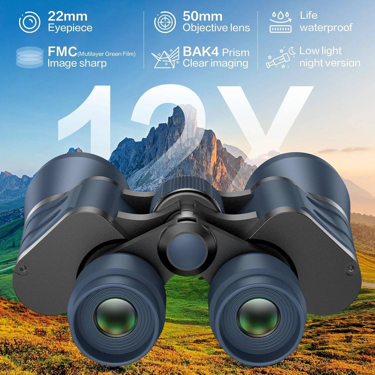 aims to provide professional optical equipment for every explorer! Once you pick up a pair of binoculars for the first time and set out on the road to distance, you'll never stop. Our waterproof binoculars are designed with 12x high power magnification and a 50mm wide angle lens, providing a large field of view of 305ft/1000yds when in use. These binoculars feature night vision capability, large BAK4 prism, fully multi-coated objective lens and eyepiece, enabling adventurers to observe targets clearly even in low-light environments such as cloudy or dusk settings.This birding binocular is compact, non-slip, fog-proof and waterproof, making it especially suitable for outdoor activities such as birding, hunting, traveling, stargazing and camping.Whether it's for an upcoming Christmas, birthday or Father's Day, it's the ideal choice for anyone looking to select a gift.

Specifications:
Brand：Juyafio
Item: Binocular
Material：Metal body with rubber coating & all-optical glass
Magnification: 12X
Objective lens diameter: 50mm
Eyepiece diameter: 22mm
Prism glass: BAK4
Focus System：Center
Center field of view：390ft / 1000 yds
Exit Pupil Diameter：7mm (Also works well in dim light)
Exit pupil distance: 16.7mm
Coating: FMC
Item Dimensions: 8.15 x 7.87 x 3.11 inches, 1.9 pounds(2-3mm difference measured by hand).