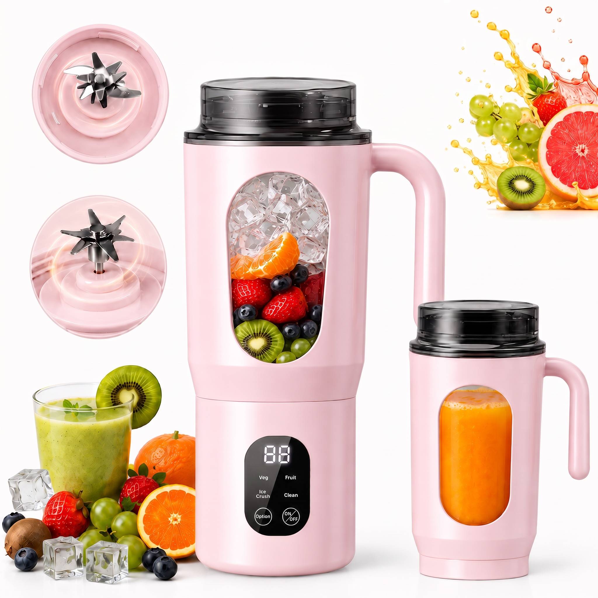 Make fresh drinks easier with the STARBIAO 19.6 oz Portable Blender. Designed for smoothies, shakes, fruit juice, and protein drinks, this personal juicer cup combines blending and drinking in one convenient design. The 12-blade 304 stainless steel system helps blend small fruit pieces, soft ingredients, and small ice cubes more evenly when used with water, milk, juice, or other liquid. Four modes let you choose from fruit, complementary food, ice crush, and cleaning, while the digital display shows battery and working status at a glance. With a hidden bottom Type-C charging port, rechargeable 1300mAh battery, wide handle, drink-through lid, anti-slip bottom pads, and easy-rinse cleaning mode, this portable blender is made for home, office, gym, travel, camping, and everyday fresh drinks on the go.