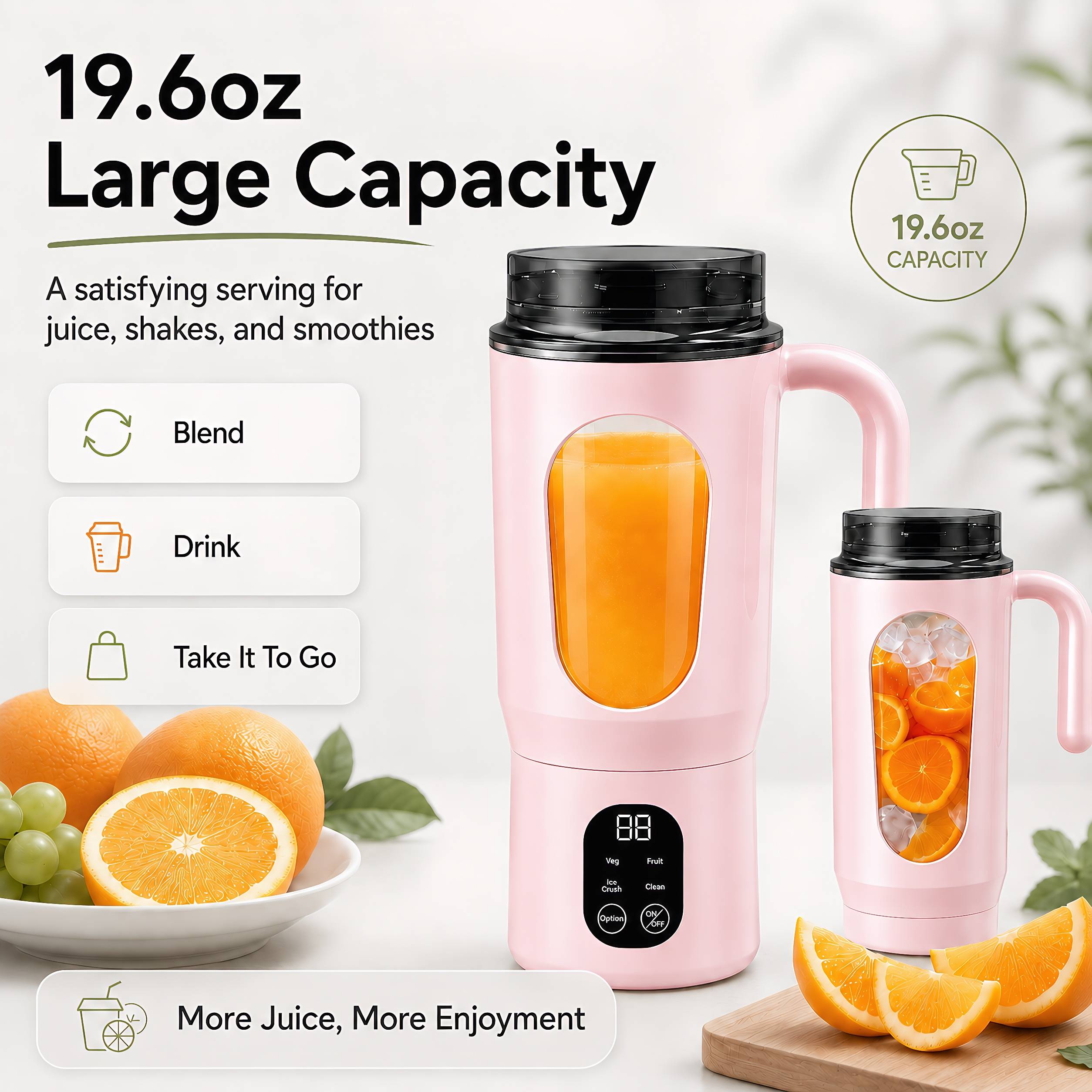Make fresh drinks easier with the STARBIAO 19.6 oz Portable Blender. Designed for smoothies, shakes, fruit juice, and protein drinks, this personal juicer cup combines blending and drinking in one convenient design. The 12-blade 304 stainless steel system helps blend small fruit pieces, soft ingredients, and small ice cubes more evenly when used with water, milk, juice, or other liquid. Four modes let you choose from fruit, complementary food, ice crush, and cleaning, while the digital display shows battery and working status at a glance. With a hidden bottom Type-C charging port, rechargeable 1300mAh battery, wide handle, drink-through lid, anti-slip bottom pads, and easy-rinse cleaning mode, this portable blender is made for home, office, gym, travel, camping, and everyday fresh drinks on the go.