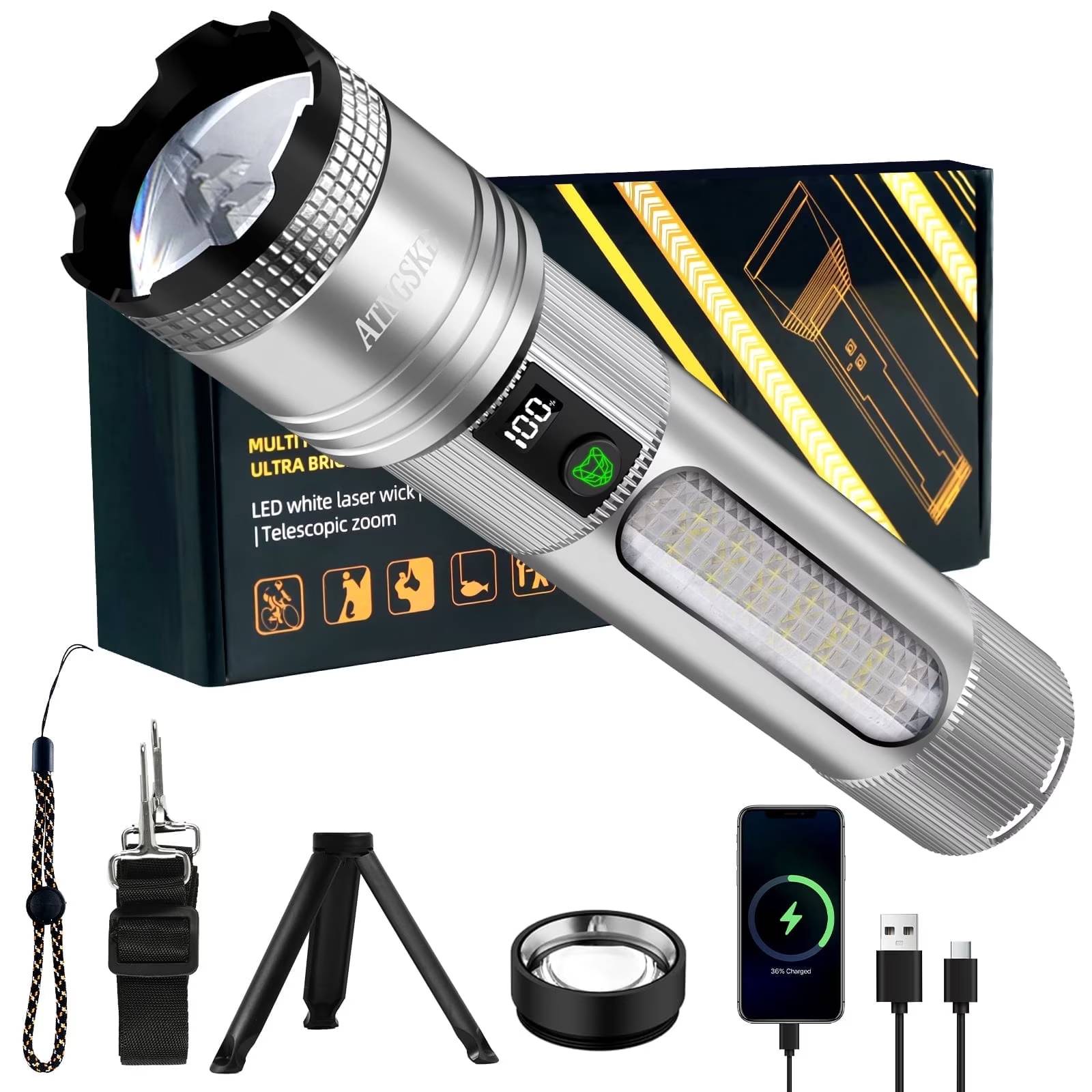 Stay prepared with this rechargeable LED flashlight designed for everyday lighting needs at home and outdoors. Built for convenience and reliability, it provides consistent illumination in a variety of situations.

🔥
Reliable Brightness for Daily Use
This flashlight delivers clear and steady lighting for indoor and outdoor environments, making it suitable for home use, camping, and emergency situations.

USB-C Rechargeable & Easy to Use
Equipped with a built-in rechargeable battery and USB-C charging, it offers a convenient and efficient power solution without the need for disposable batteries.

Multiple Light Modes
Includes different lighting modes to meet various needs, allowing you to switch between brightness levels and lighting styles for different environments.

Adjustable Focus & Portable Design
The zoomable design allows you to adjust between focused and wide lighting. Its compact size makes it easy to carry in a bag, car, or emergency kit.

Durable & Water-Resistant
Made with aluminum alloy housing, this flashlight is designed for everyday use and can handle outdoor conditions such as light rain.

Practical for Multiple Situations

Home lighting and power outages
Camping and outdoor activities
Travel and car emergency kits
Walking, repairs, and night visibility
This portable flashlight is a practical lighting solution designed to provide reliable performance whenever you need it.