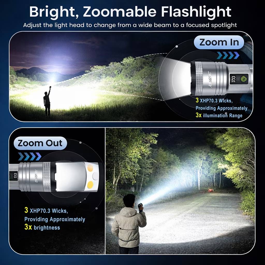 Stay prepared with this rechargeable LED flashlight designed for everyday lighting needs at home and outdoors. Built for convenience and reliability, it provides consistent illumination in a variety of situations.

🔥
Reliable Brightness for Daily Use
This flashlight delivers clear and steady lighting for indoor and outdoor environments, making it suitable for home use, camping, and emergency situations.

USB-C Rechargeable & Easy to Use
Equipped with a built-in rechargeable battery and USB-C charging, it offers a convenient and efficient power solution without the need for disposable batteries.

Multiple Light Modes
Includes different lighting modes to meet various needs, allowing you to switch between brightness levels and lighting styles for different environments.

Adjustable Focus & Portable Design
The zoomable design allows you to adjust between focused and wide lighting. Its compact size makes it easy to carry in a bag, car, or emergency kit.

Durable & Water-Resistant
Made with aluminum alloy housing, this flashlight is designed for everyday use and can handle outdoor conditions such as light rain.

Practical for Multiple Situations

Home lighting and power outages
Camping and outdoor activities
Travel and car emergency kits
Walking, repairs, and night visibility
This portable flashlight is a practical lighting solution designed to provide reliable performance whenever you need it.