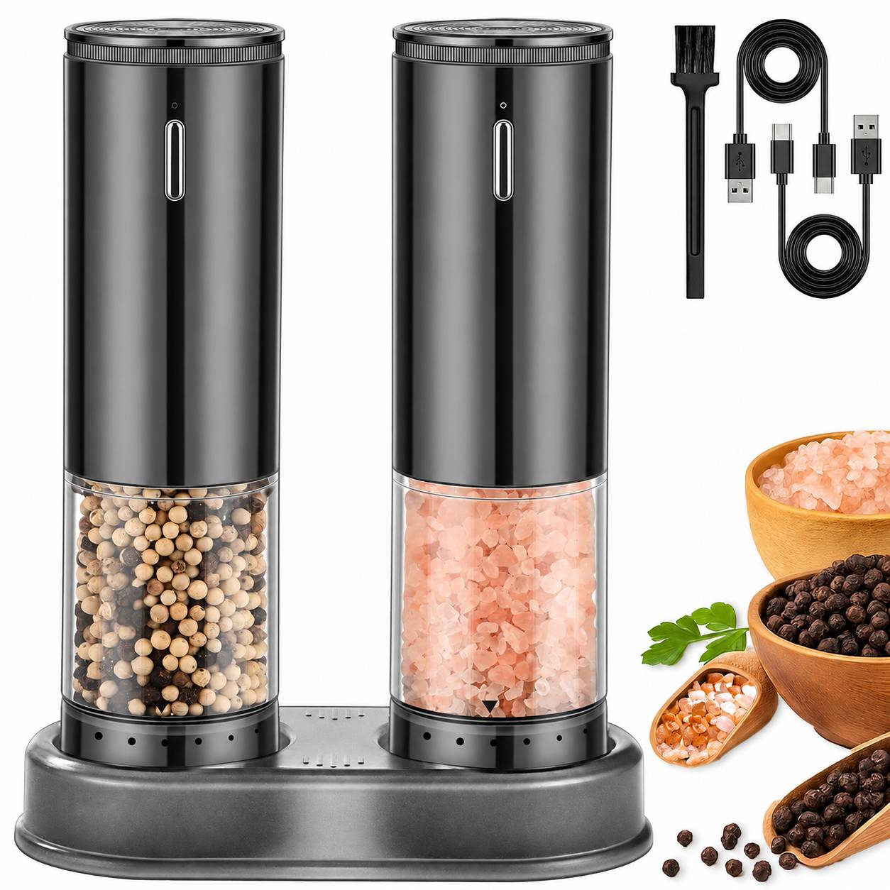 Why Choose GOLDLEMON Gilded Gray Electric Grinder Set?
Elevate your kitchen with the GOLDLEMON dual-pack rechargeable salt and pepper mill set. Designed with a minimalist Gilded Gray finish, these grinders combine professional performance with modern style. The upgraded ceramic core provides smooth, consistent grinding, while the Type-C fast charging ensures you're always ready to cook.
Professional Design for Modern Kitchens:
Mess-Free Storage: The matching base prevents residual spice from falling onto your table.
Precise Control: 6-level adjustable coarseness meets all your culinary needs.
Easy Maintenance: Use the included brush to keep your grinders in top condition.
What’s in the Box?
2 × GOLDLEMON Electric Grinders (Gilded Gray)
1 × Storage Base (Non-Charging)
1 × Type-C Charging Cable
1 × Cleaning Brush
1 × User Manual
