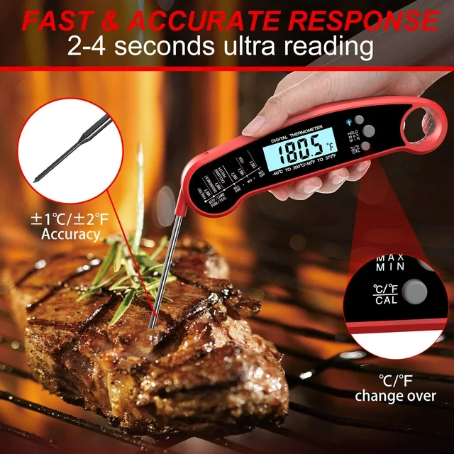 wireless thermometer for grill - meat thermometer digital, instant read thermometer for cooking, BBQ, Kitchen - Fast Digital Food Thermometer

Kitchen Thermapen Thermometer - Try our digital cooking thermometer kitchen tool with many uses including a frying thermometer baking thermometer grill thermometer digital probe liquid thermometer and more.

Digital Instant Read Grill Thermometer- Accurate Reading & Ultra Fast, Equipped with a food grade stainless long probe, thermometer takes the temperature in a little as 2 seconds and is accurate to ±1°C(1.8℉) degrees with a wide range of -58℉~572℉（-50°C~300°C), Our meat thermometer for grilling and deep fry thermometer can help perfect your cooking.

Probe thermometer - A food thermometer instant read meat temperature probe can make a big difference so add our meat probe to your grill tools and see the power of a digital thermometer cooking aid.

BBQ Wireless Meat Thermometer - Our instant read thermometer digital BBQ accessories are great for indoor/outdoor cooking whether you need a general grilling thermometer or just a steak thermometer.

Packing listing:
1 x Meat Thermometer.
1 x User Manual.
1 x Food Temp Chart.
1 x CR2032 Button Battery (installed).
1 x Battery Case Opener.