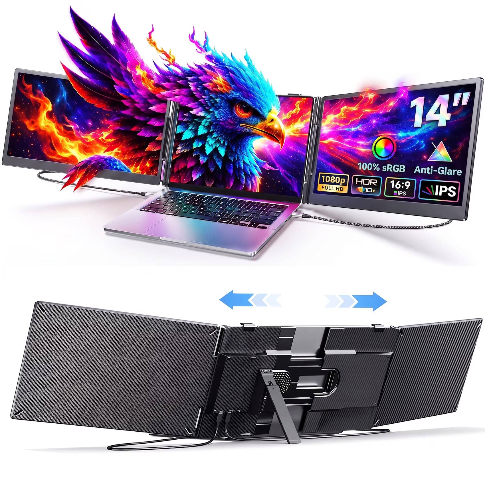 ✅【Triple Screen Laptop Setup, Boost Your Workflow】Upgrade your workspace with this laptop screen extender dual monitor, creating a triple screen workstation for multitasking. Ideal for work, study, trading, coding, and content creation.
✅【14" FHD IPS Display for Clear & Comfortable Viewing】Each screen features 1920×1080 resolution, 300 nits brightness, and IPS panel, delivering clear visuals, wide viewing angles, and a comfortable viewing experience for extended use.
✅【Flexible Connection – USB-C or HDMI】Supports multiple connection options:
USB-C to USB-C (full-featured ports required)
USB-C + HDMI combination
No docking station required. In some cases, external power (5V/2A or higher) may be needed.
✅【Wide Compatibility for Multiple Devices】Designed for laptops 13.3"–17.3", and compatible with:
Windows / macOS / Linux / ChromeOS
Selected smartphones (desktop mode supported models)
Devices with HDMI output (laptops, mini PC, consoles, etc.)
✅【Portable, Foldable & Adjustable Design】
Foldable dual screens for easy storage
180° adjustable viewing angles
Built-in kickstand for stability
Lightweight design for travel and mobile work Perfect as a portable monitor for laptop travel setup
❤️【Worry-Free Customer Service】24/7 support/If you have any questions, do not hesitate to contact us.