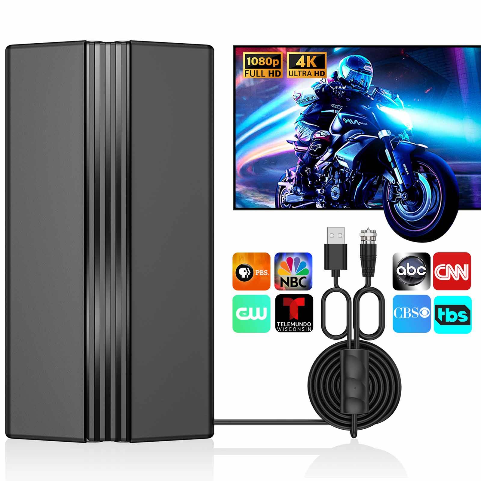 Clear HD Reception: Receives local news, sports, and TV shows in clear, high-definition picture quality, providing free over-the-air local channels.
Enhanced Signal Boost: Features a built-in signal amplifier for improved reception in challenging environments like areas with multiple walls, suitable for indoor (window/wall) or outdoor (roof/attic) placement.
Flexible Setup Cable: Includes a 33ft (approx. 10m) coaxial cable, enabling flexible antenna placement for optimal signal reception and easy connection to your TV.
Stable Internal Connectivity: Utilizes internal wiring with materials designed to enhance conductivity, working to provide stable signal transmission for consistent performance.
Broad TV Compatibility: Works with most modern and older TVs equipped with a coaxial input, making it a suitable option for various settings such as apartments, RVs, or basements.