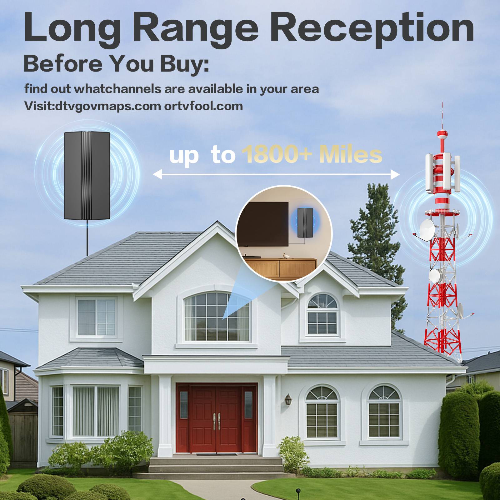 Clear HD Reception: Receives local news, sports, and TV shows in clear, high-definition picture quality, providing free over-the-air local channels.
Enhanced Signal Boost: Features a built-in signal amplifier for improved reception in challenging environments like areas with multiple walls, suitable for indoor (window/wall) or outdoor (roof/attic) placement.
Flexible Setup Cable: Includes a 33ft (approx. 10m) coaxial cable, enabling flexible antenna placement for optimal signal reception and easy connection to your TV.
Stable Internal Connectivity: Utilizes internal wiring with materials designed to enhance conductivity, working to provide stable signal transmission for consistent performance.
Broad TV Compatibility: Works with most modern and older TVs equipped with a coaxial input, making it a suitable option for various settings such as apartments, RVs, or basements.
