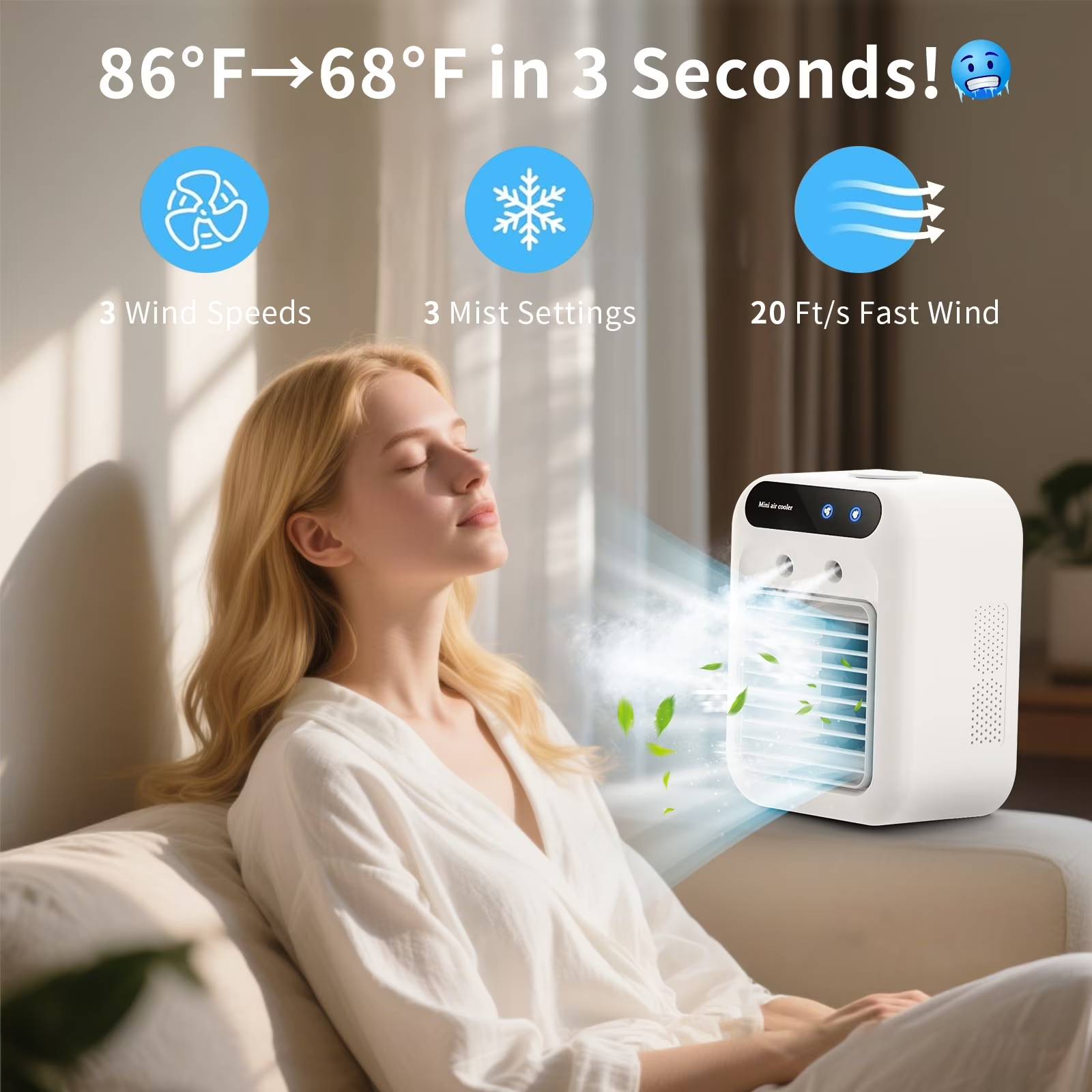 ❄️ **Meet Your Personal Cooling Companion!**
No more sweaty struggles! This compact mist fan delivers gentle chill exactly where you need it – minus the noise and cords.

❄️ **USB-C Freedom Power**
Plug into ANY USB port (laptop/car/power bank). Perfect for:
→ Desk work & home office
→ Bedroom nightstand
→ Camping tents & RVs
✔️Can be used after charging, or plugged in using a USB charger.
✔️Battery capacity: 3000 mAh.
✔️Maximum setting + mist duration: 3 hours ✔️normal duration: 8-10 hours..
✔️Fan settings: two settings.
✔️Mist settings: one setting for continuous mist, two settings for 5 seconds of mist followed by 5 seconds of pause.

👉 LAST STEP TO SUMMER FREEDOM:
❄️【10-HOUR ICED MIST MARATHON】XL water tank = all-day frigid airflow! Add ice cubes for instant AC-like chill (15° temp drop!) while battling dry air - perfect dehumidifying personal Air cooling Fan.
🌬️【CUSTOM CLIMATE CONTROL】2 fan speeds + 2 mist modes + Optimized blade design for smooth airflow= pinpoint cooling from gentle nap breeze to long-range desk tornado. Zero headaches - just natural indoor wind simulation!
🔇【 SILENT FAN (<25dB)】Library-quiet tech inspired by space shuttle acoustics! Ideal bedroom/nursery cooler - won't disrupt sleep, Zoom calls, or meditation. Finally: cold air without the roar!
📐【SQUARE BLAST SCIENCE】Oversized square fan surface + 15° tilt grille = 30% wider airflow vs dinky round fans. Office warrior? Blasts Cooling air across your entire workstation!
🌎【ECO HERO POWER SAVER】cooling fan uses near-zero electricity - planet-friendly chill for eco-conscious shoppers. Cool Earth while cooling yourself!
🔋【 USB-C FREEDOM POWER】Plug into ANYTHING - laptop/car/power bank! Ultimate camping travel fan for RVs/tents + no-outlet survivalist. True cordless Cooling fan!
🎁【Peace of Mind Purchase】24/7 customer service support. If you have any questions, please feel free to contact us. We only want you to have a cool summer, and it can give you everything you want.