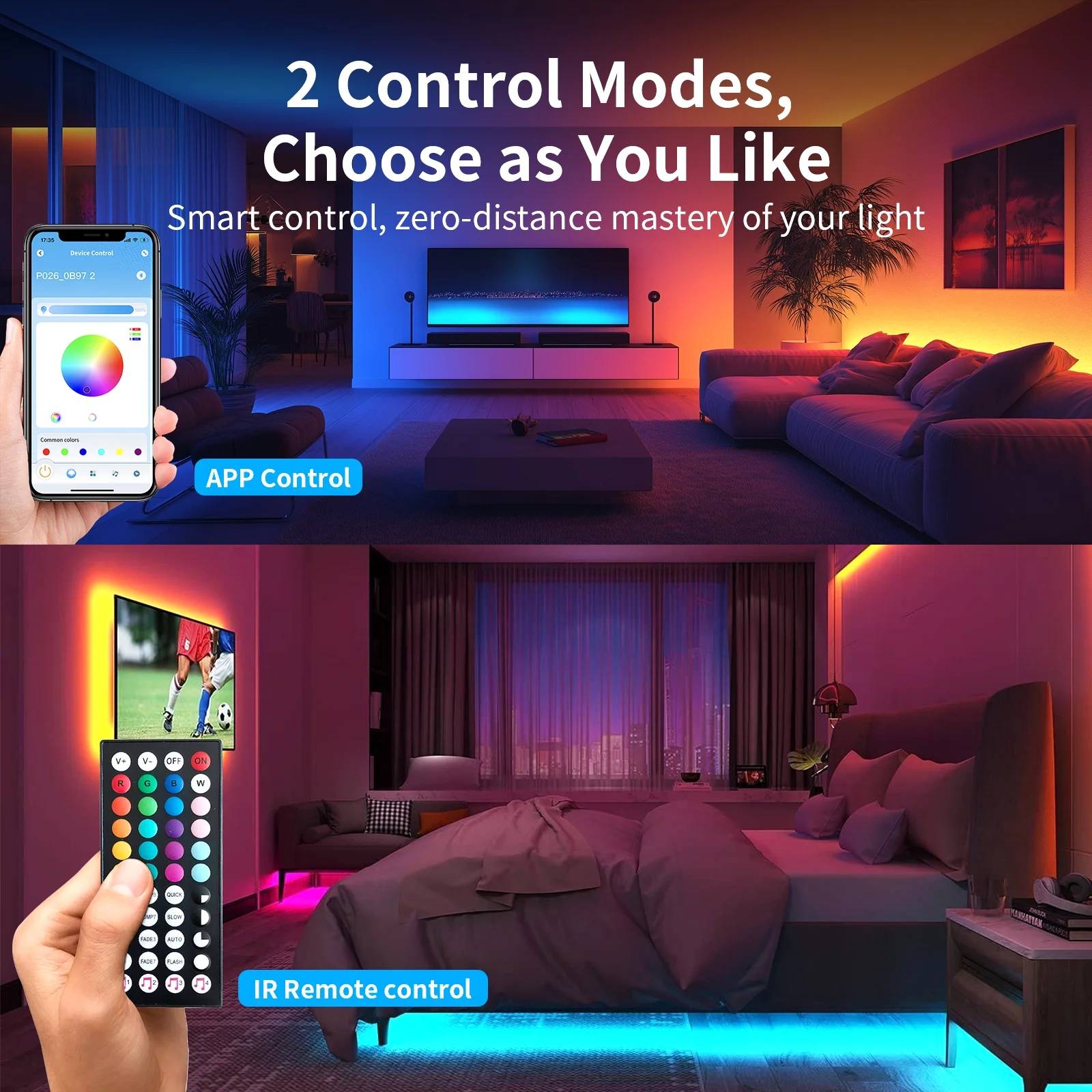 Dynamic Music Sync: Features a high-sensitivity microphone that analyzes sound waves, allowing the lights to pulse and change colors with music or voice for an immersive visual experience.
Smart Dual Control: Offers convenient control via a 44-key remote and a personalized smartphone app, enabling easy adjustment of ambient lighting both indoors and outdoors.
Robust IP67 Waterproof: Designed with a fully sealed construction, providing outstanding dustproof and waterproof performance for reliable long-term indoor and outdoor use.
Automated Timer Function: Includes a smart timer to automatically turn lights on/off at preset times, creating a comfortable sleep environment and conserving energy.
Versatile Illumination: Ideal for various celebrations and spaces, including bedrooms, living rooms, game rooms, and parties, with 16 million colors and dynamic ambiance.
Enhanced User Features: Boasts adjustable brightness, customizable length (trim every 3 LEDs), 54 LED chips per meter, dead LED protection, and a lifespan