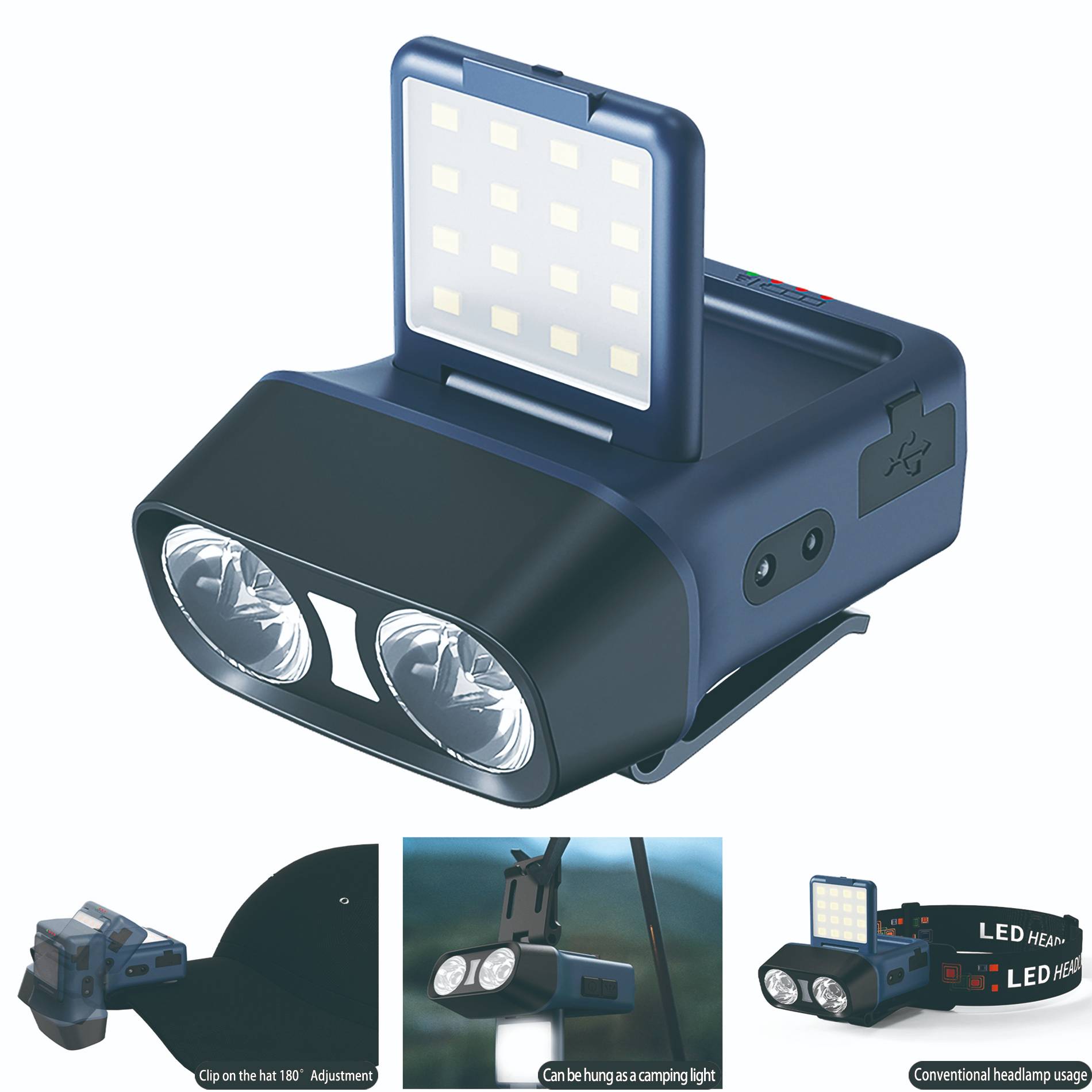 Product details

This is a 2025 new upgraded black technology dual bead spotlight strong headlamp, not only very bright, there is a unique design, not only can be head-worn, but also can be clamped on the hat, 180 ° adjustable angle, how to comfortable how to use, but also can be disassembled to use, unique design can be used as a camping lamp hanging, to meet the outdoor needs.

The LED headlamps weighs only 60g, palm size, lightweight and compact, and has a lovely appearance.
Side Sensor Headlamp, Anti-Interference Design

Why side-sensing? Traditional headlamp front sensing, often interfered by fishing lights extinguished, our headlamp adopts side sensing mode, effectively avoid interference.
LED Flashlight new upgraded infinitely dimmable function, 3 light sources, 5 modes, no gear adjustment is more convenient.
flashlight new upgrade red light mosquito repellent lamp function, have a certain effect on mosquito repellent.
LED headlight new upgraded reading light, with infinite dimming function and super long battery life, how long you want to read is no problem at all.
LED head Lamp new upgrade super battery life, strong light work 6-8 hours, ordinary light work 15-20 hours, amazing, and Type-c fast charging full charge in just 2 hours, and power display, absolutely a good helper for outdoor,Lantern help you break the dark night.

What you can get?
1*USB charging cable
1*Cute and powerful headlamp
1*Elastic headband(adjustable and stretchable)
1*Specialised carabiner (for headwear)
1*Packaging box