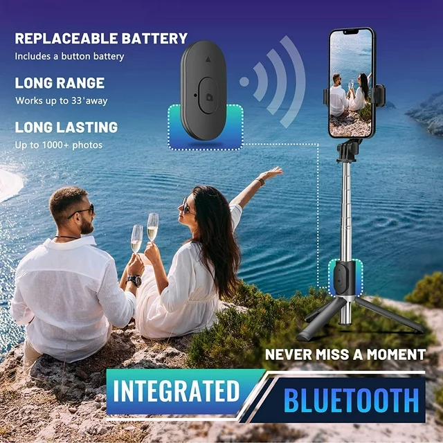 Selfie Stick for iphone, extendable tripod for phone with detachable bluetooth shutter remote compatible with iPhone and Android Smartphone, Black.

Feature:
1. Multi-angle shot with vertical shooting at 90 degrees. This smartphone tripod helps to capture clean shots from any angle even in the move.
2. Compatible for iPhone Android smartphones.
3. Table tripod, ground top tripod and selfie stick function. The ball head makes positioning and straightening devices easy.
4. Height adjustable from 11 inch to 39.4 inch.
5. Bluetooth shutter release. Range: 33ft.

Specifications
Product Name: Selfie Stick
Material:Aluminum
Weight:155g
Packing size: 7.67 inch
Maximum Elongated Length: 39.4 inch
Length in Folded Form: 11 inch
Remote Control:Yes
Bluetooth:For iOS and Android 4.3 and above.

Package Included
1 x Tripod
1 x Bluetooth Shutter Remote
1 x User Manual
1 x Button Batteries