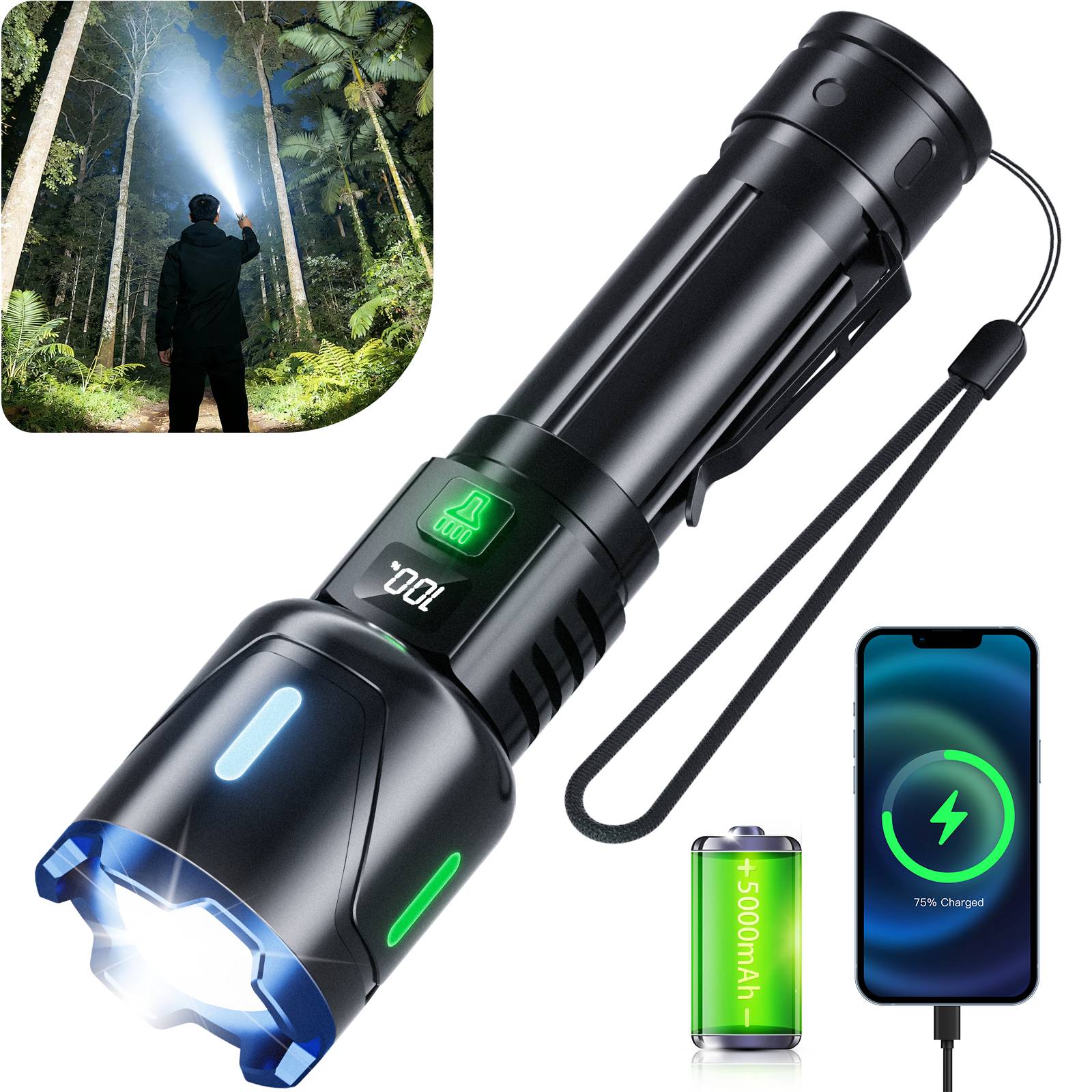 Product details

🛡️🛡️The Ultimate Ultra-Bright Flashlight for Home and Outdoor Use🛡️🛡️
Experience the ultimate in light, power, and durability right in the palm of your hand.

💡Stop compromising. This rechargeable flashlight is designed to be the last flashlight you’ll ever need. Combining a super-bright 160,000-lumen output with precise 5,000-foot zoom, a built-in battery, and professional-grade toughness, it’s the tool of choice for serious outdoor enthusiasts, outdoor professionals, and the prepared.

Unmatched performance in demanding conditions:
💎【Unmatched Brightness and Range】Experience the raw power of the XHP70.3 LED chip, delivering a 5,000-foot wall of visible light or a penetrating beam. Mechanical zoom provides instant focus control without sacrificing intensity.
💎【Hiking-Ready & Always Locatable】The rugged, durable body enhances reliability, and the glow-in-the-dark fluorescent strip ensures you’ll never lose your light in the dark, adding a practical yet stylish look. 💎【Long-Lasting & Shareable Power】Never be left in the dark. The massive 5000mAh battery provides exceptional runtime, while the smart LCD display shows real-time power status. The Type-C port lets you charge the light or use it to charge your phone—it’s a true outdoor essential.
💎【Built for Extreme Conditions】With an IP67 waterproof and dustproof rating and an all-aluminum body, this light withstands drops, impacts, and the harshest environments—from mountain storms to underwater rescues.
💎【Designed for Real-World Use】The ergonomic, textured grip offers ultimate control, while the compact form factor and secure steel clip make it easy to carry and deploy instantly, day or night.