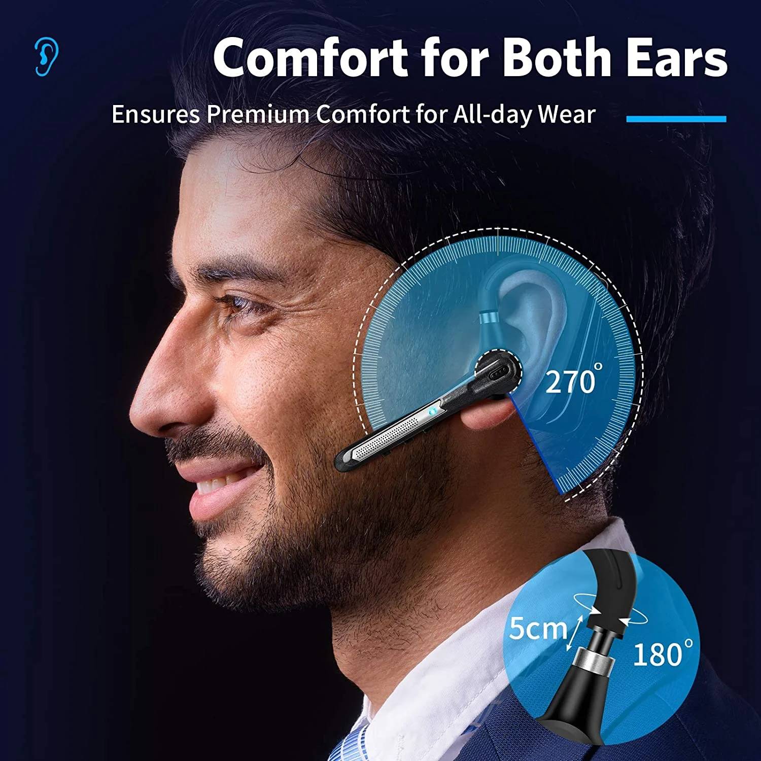 Bluetooth Headset [Upgraded] Active Noise Cancelling Bluetooth Headphones, Bluetooth Earpiece CVC8.0 Dual-Mic Hands-Free V5.0 Comfortable Earbud Blue.

Feature

. Dual-mic noise canceling —— Combines two built-in HD microphones and advanced CVC8.0 noise reduction technology which can eliminate disruptive background noise without missing any single conversation details even in noisy place.

. Ultra-long battery life —— Battery can provide 10 days standby time and Up to 16 hours of continuous talking time on a single fully charge. Only 10-minutes charging can offer two hours working time.

. Stable connection & convienent —— Supports Stream Music/Video/Audio. Hands-free HSP-B3 Bluetooth Earbuds can be connected to 2 devices at the same time and both devices can play music/call/gaming. Providing fast and stable pairing with any iOS and Android cell phones, tablets, laptops, MP3 players, PC etc from up to 33 ft away.

. Comfortable & unique design—— 180° rotatable ear-hook and 270° flexible boom mic can be adjusted and rotated for a perfect fit on ears. No more burden on ears even after wearing it for a long time.
