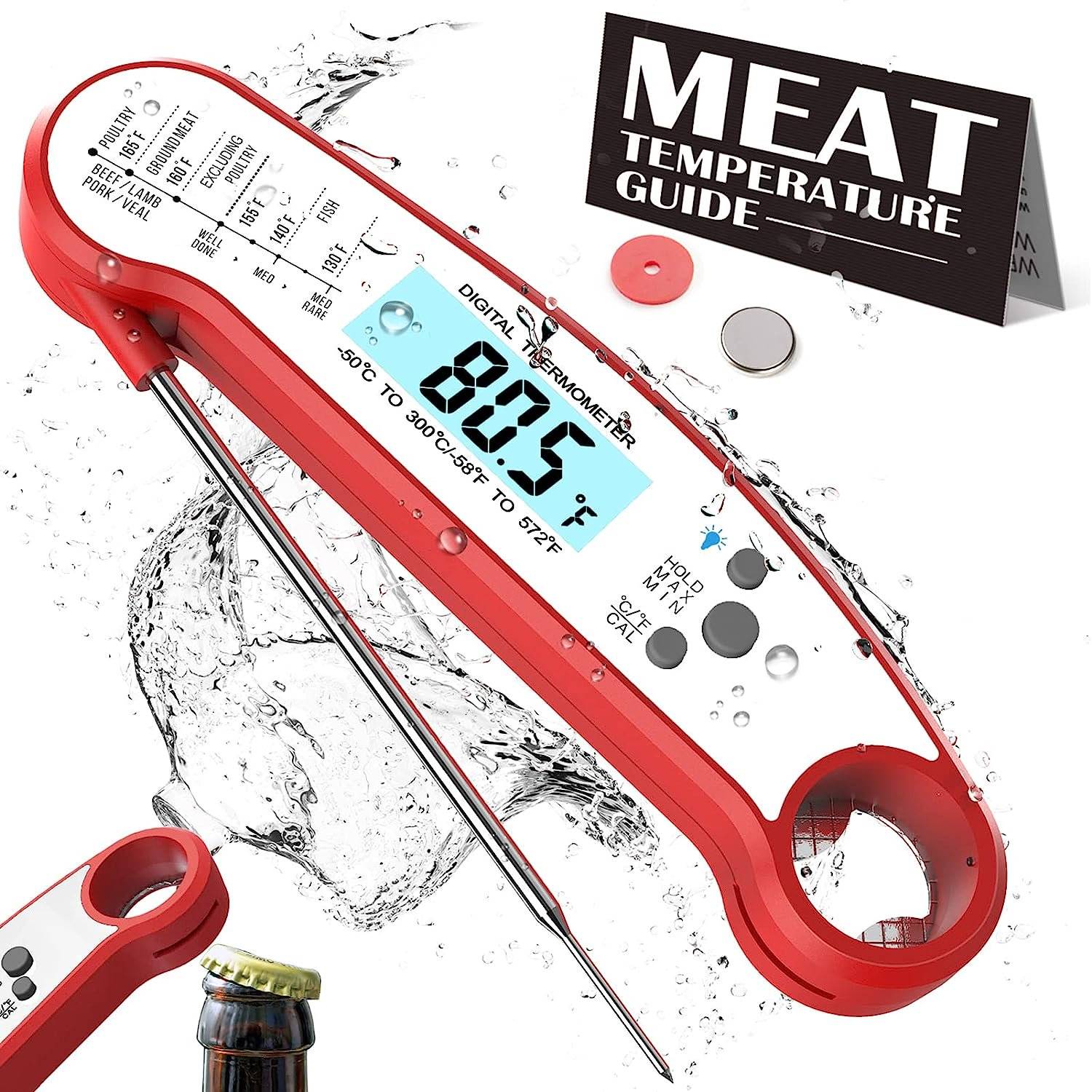 ✅BESTCROF wireless thermometer for grill - meat thermometer digital, instant read thermometer for cooking, BBQ, Kitchen - Fast Digital Food Thermometer.

✅Kitchen Thermapen Thermometer - Try our digital cooking thermometer kitchen tool with many uses including a frying thermometer baking thermometer grill thermometer digital probe liquid thermometer and more.

✅Digital Instant Read Grill Thermometer- Accurate Reading & Ultra Fast, Equipped with a food grade stainless long probe, thermometer takes the temperature in a little as 2 seconds and is accurate to ±1°C(1.8℉) degrees with a wide range of -58℉~572℉（-50°C~300°C), Our meat thermometer for grilling and deep fry thermometer can help perfect your cooking.

✅Probe thermometer - A food thermometer instant read meat temperature probe can make a big difference so add our meat probe to your grill tools and see the power of a digital thermometer cooking aid.

✅BBQ Cooking Thermometer - Our instant read thermometer digital BBQ accessories are great for indoor/outdoor cooking whether you need a general grilling thermometer or just a steak thermometer.

Packing listing:
1 x Meat Thermometer.
1 x User Manual.
1 x Food Temp Chart.
1 x CR2032 Button Battery (installed).
1 x Battery Case Opener.